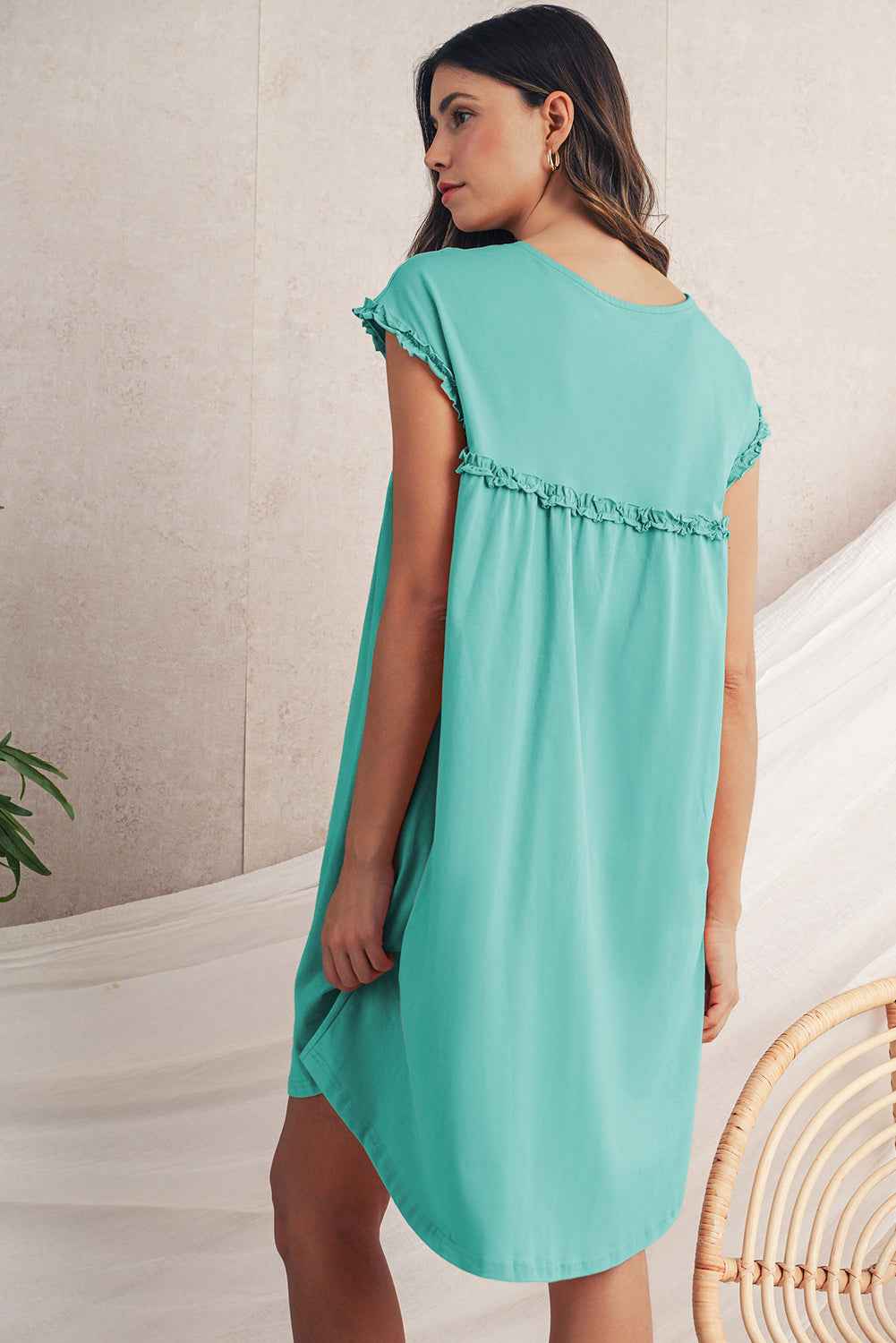 Mint Green Frilled Trim Crewneck Loose Fit Mini Dress by Wild and Free Boutique