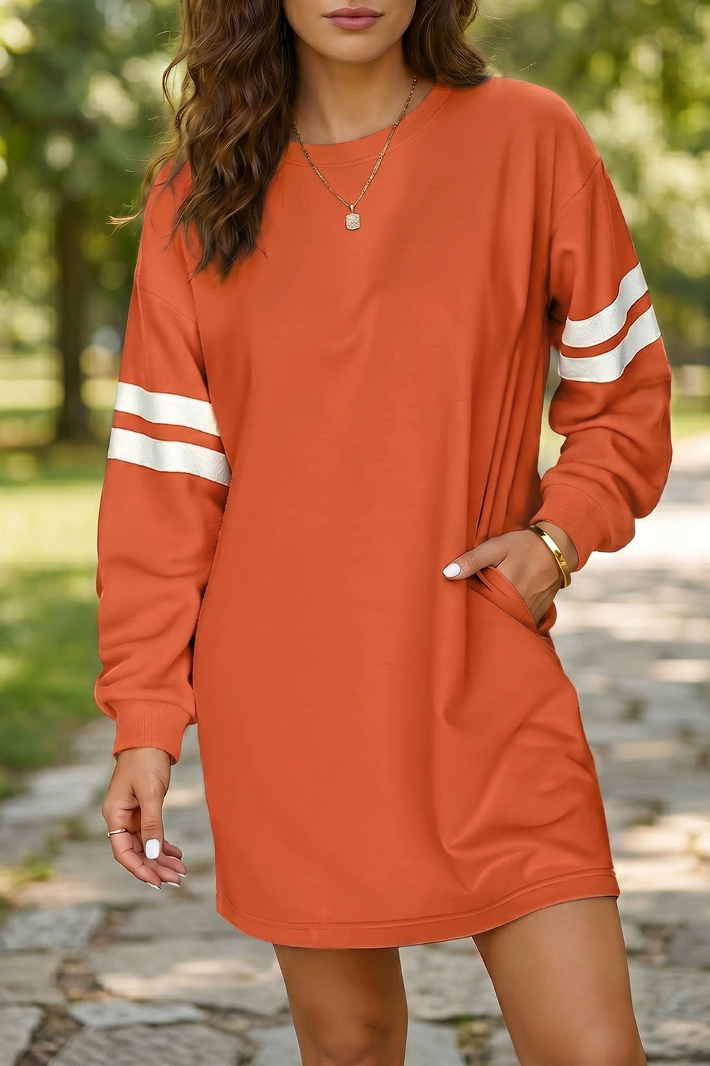 Fiery Red Varsity Contrast Banded Sleeve Shift Sweatshirt Dress by Wild and Free Boutique