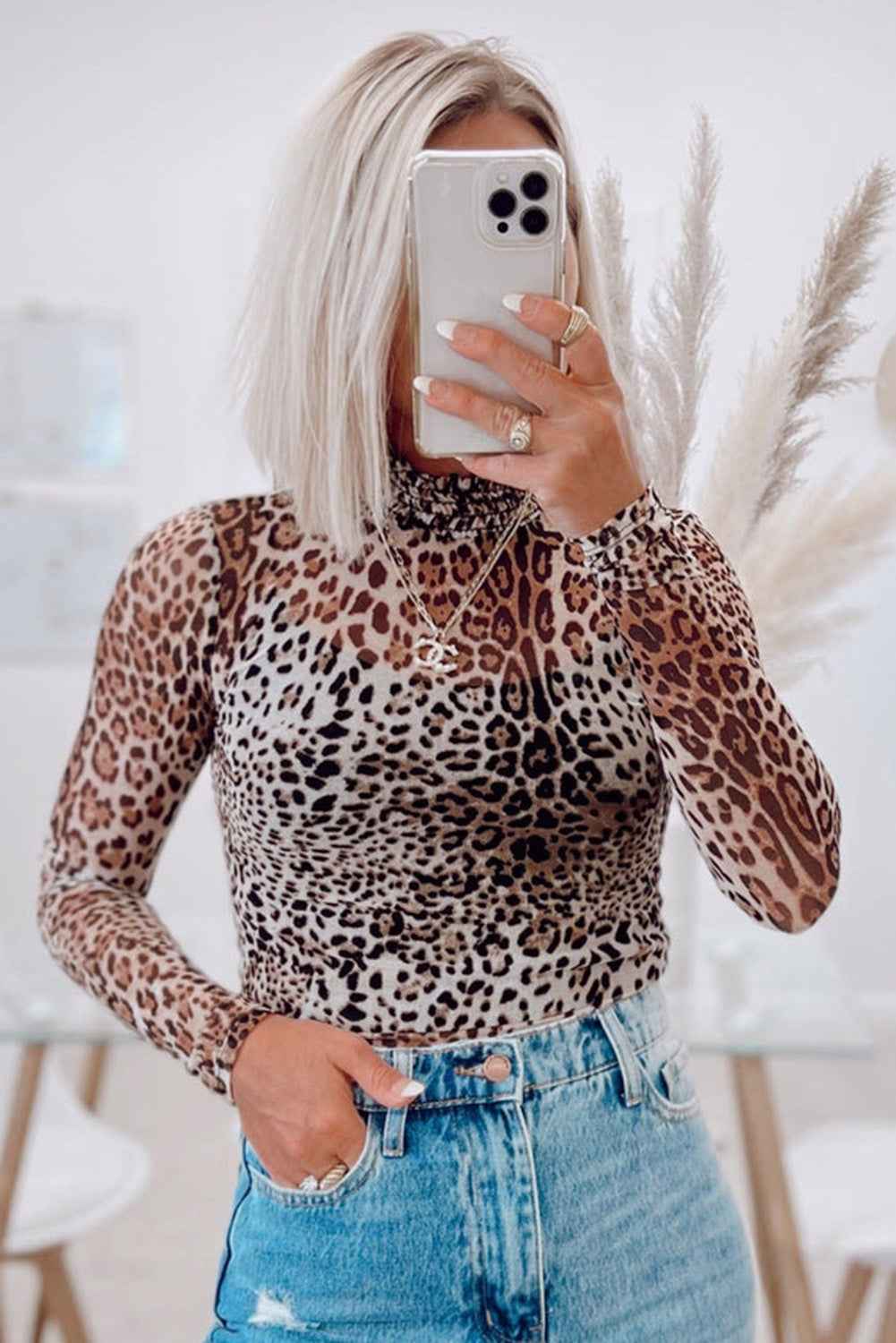 Brown Leopard Smocked Neck Mesh Long Sleeve Bodysuit by Dear-Lover Dropshipping
