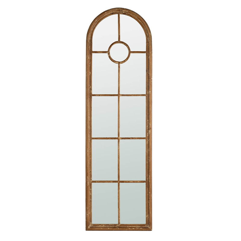 Half Round Elongated Mirror With Decorative Window Look Classic Architecture Style Solid Fir Wood Interior Decor - Brown by Unique Piece Furniture