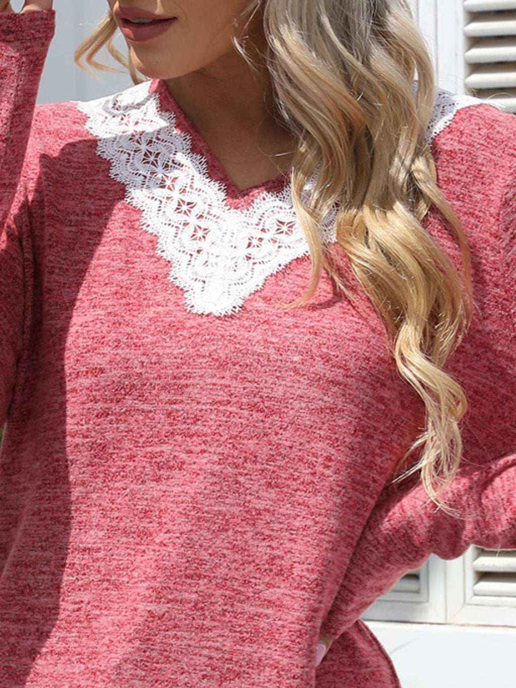 Lace Detail V-Neck Long Sleeve T-Shirt by Wild and Free Boutique