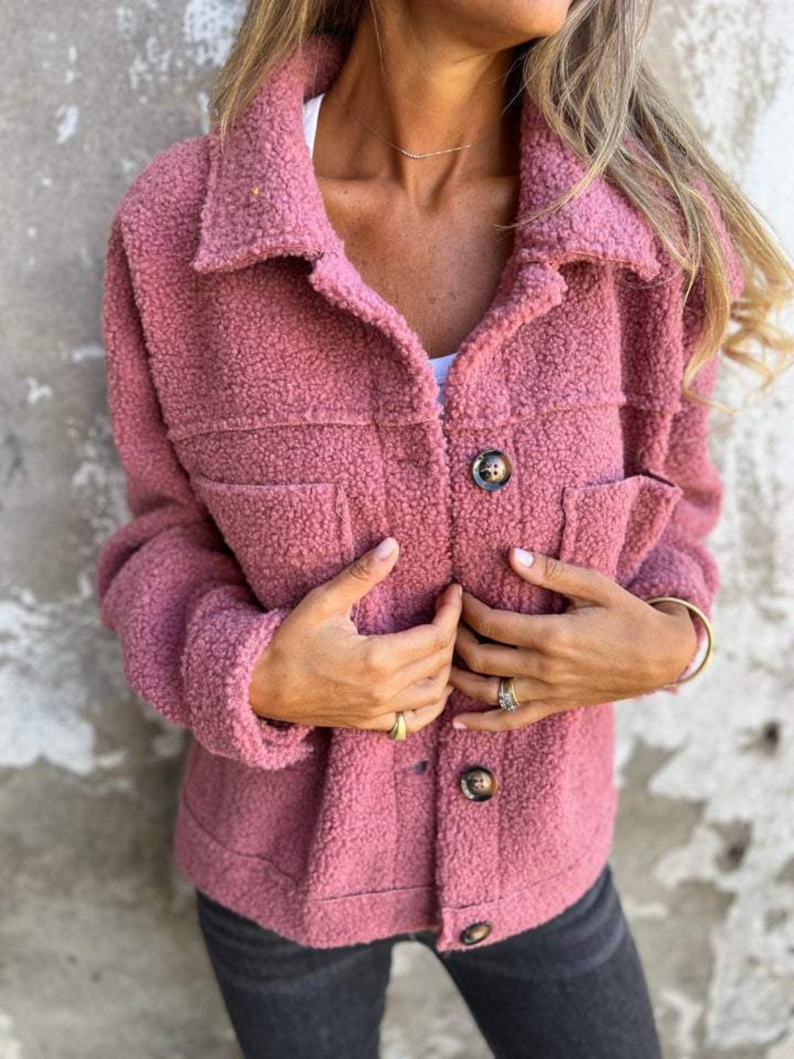 Full Size Fuzzy Button Up Drop Shoulder Jacket by Wild and Free Boutique