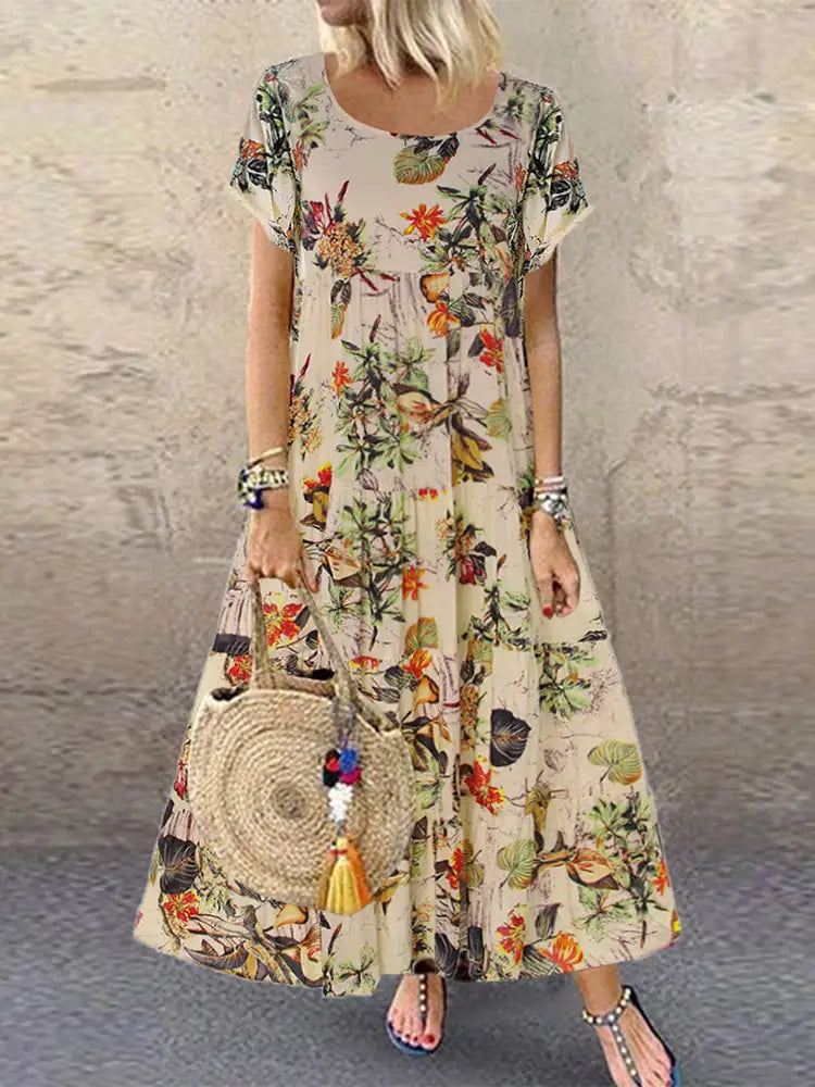 Retro Floral Print Short-sleeved Round Neck Dress by Trendy Attic Store01