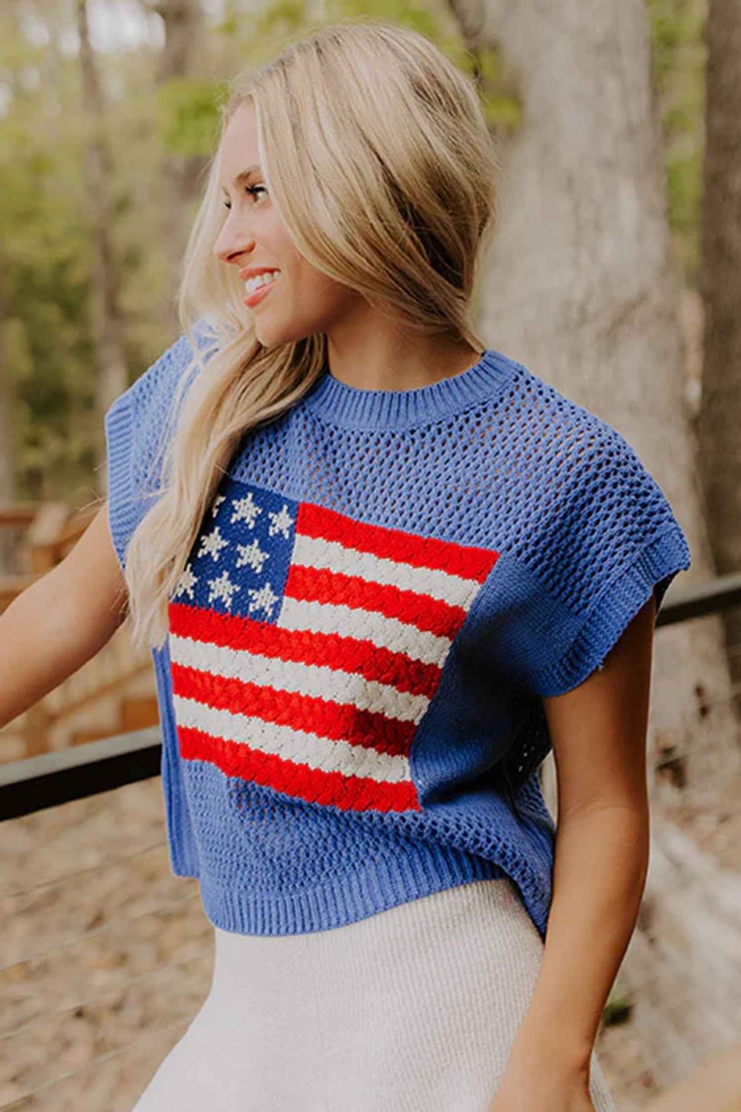 Sky Blue Flag Graphic Short Sleeve Sweater Top by Dear-Lover Dropshipping