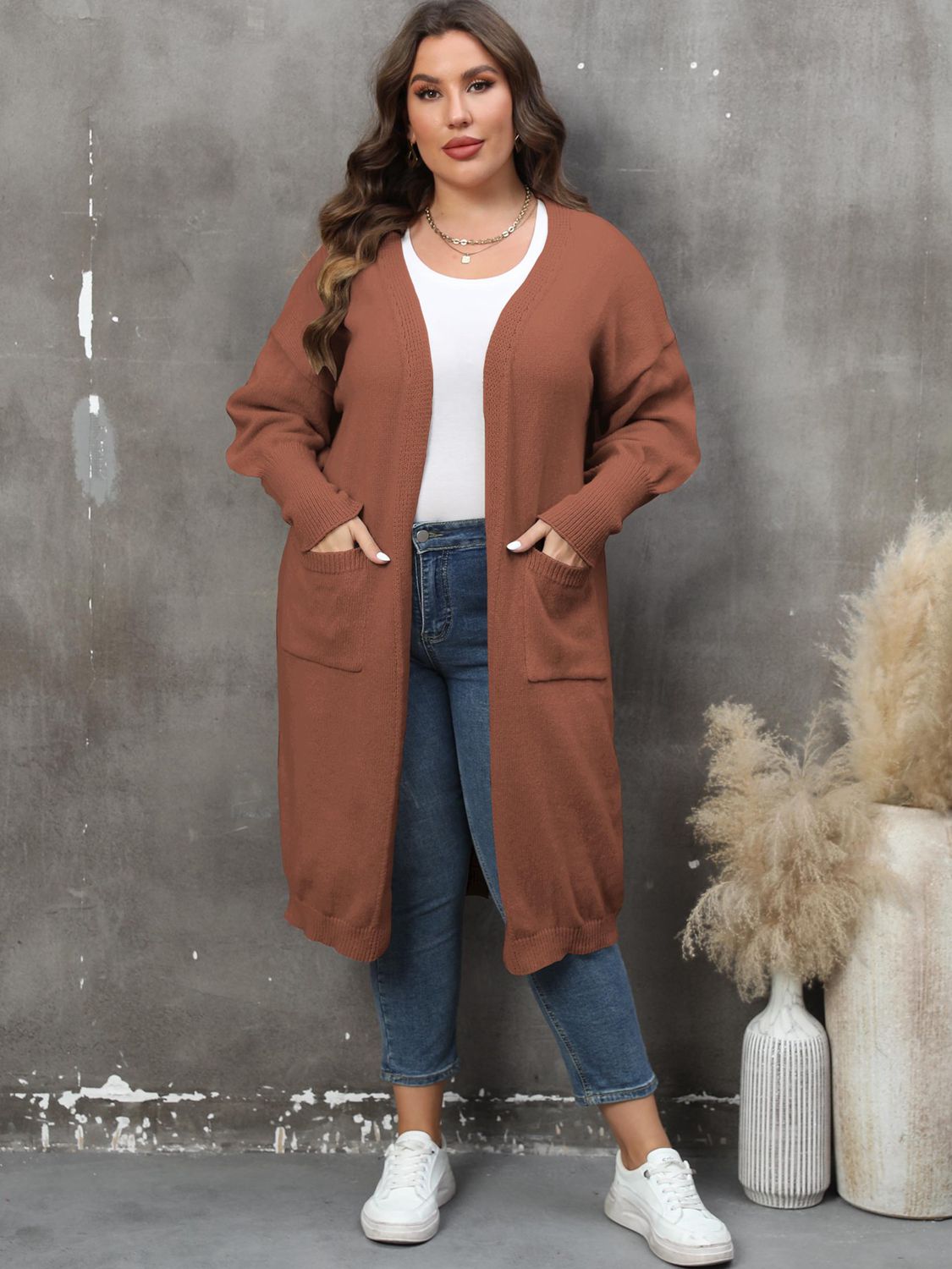 Plus Size Long Sleeve Pocketed Cardigan by Wild and Free Boutique