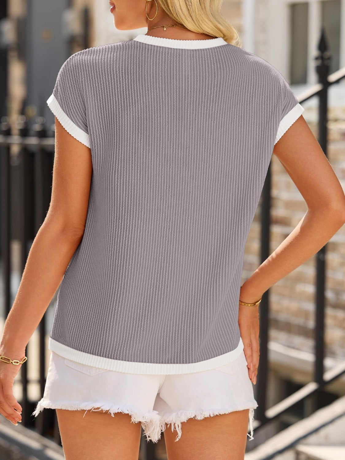 Contrast Trim Round Neck Short Sleeve T-Shirt by Wild and Free Boutique