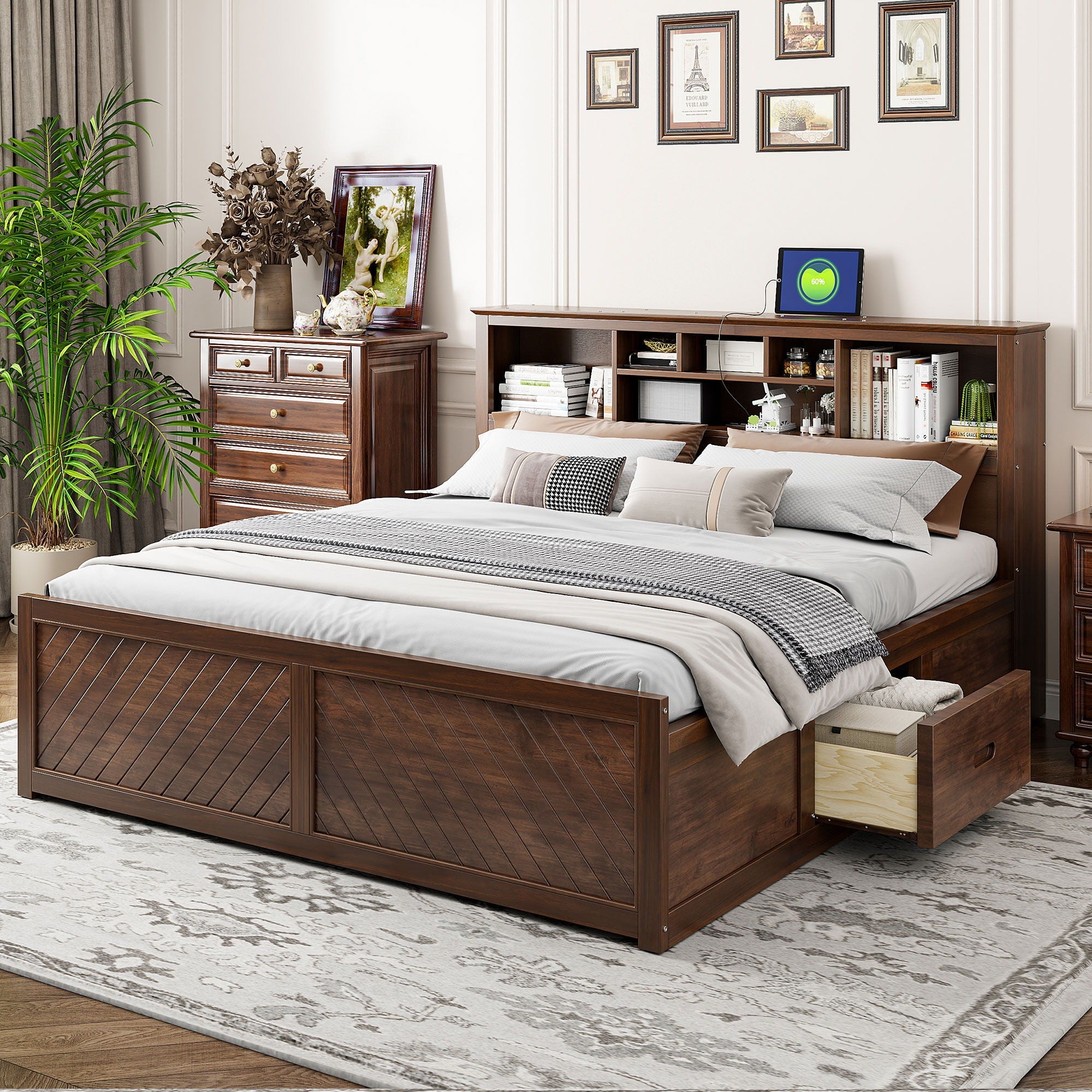 Platform Bed With Multi Storage Headboard, USB And Drawers by Unique Piece Furniture