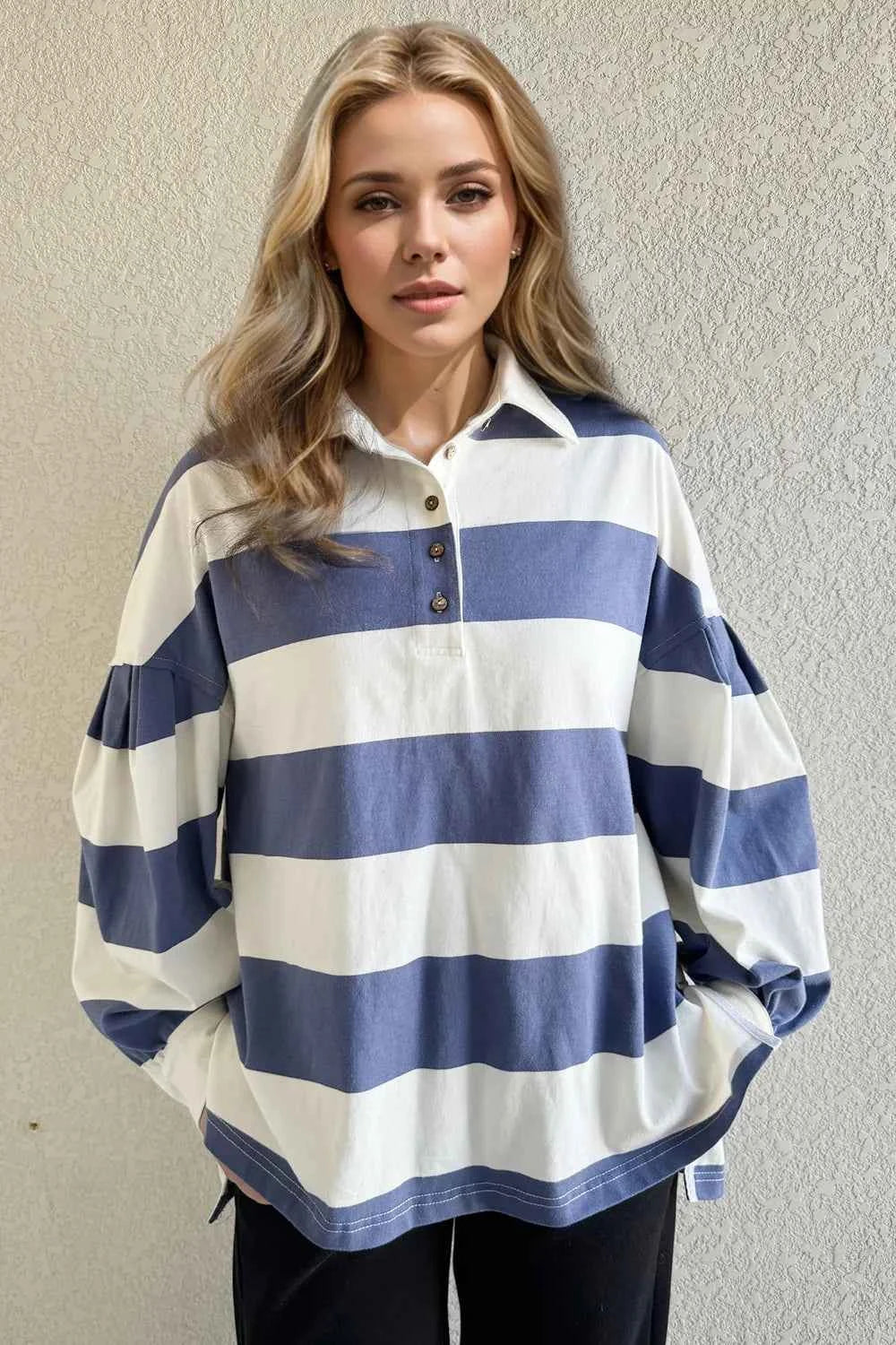Oh Pima Cotton Wash Wide Striped Collared Neck Long Sleeve Top by Wild and Free Boutique