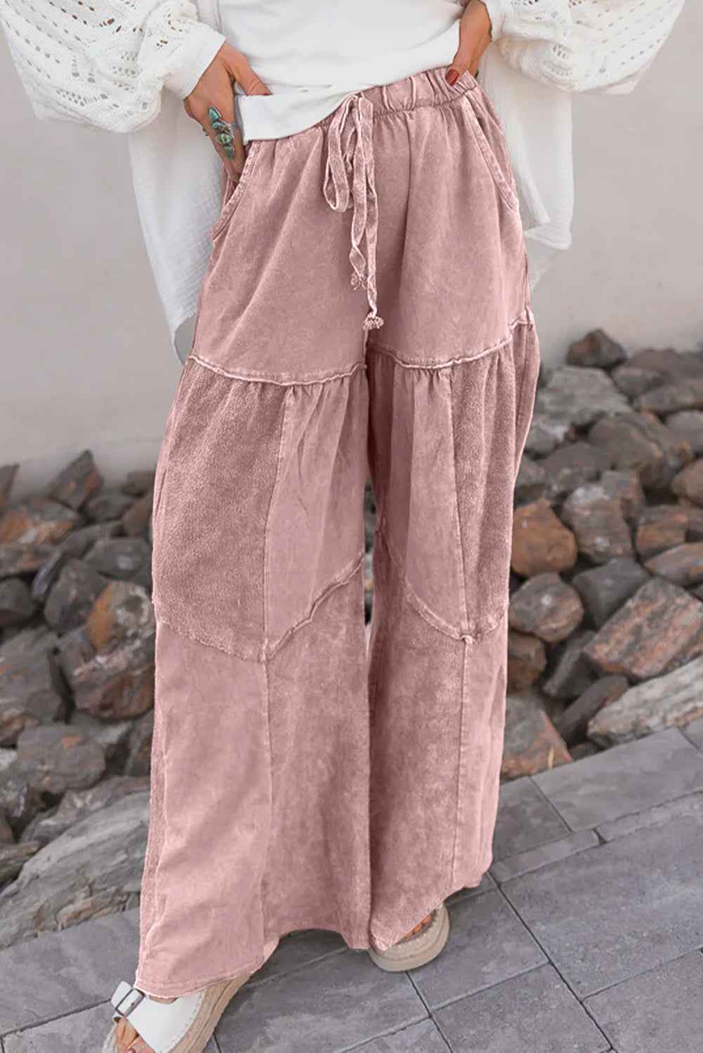 Mineral Wash Tiered Wide Leg Patchwork Drawstring Pants by Wild and Free Boutique