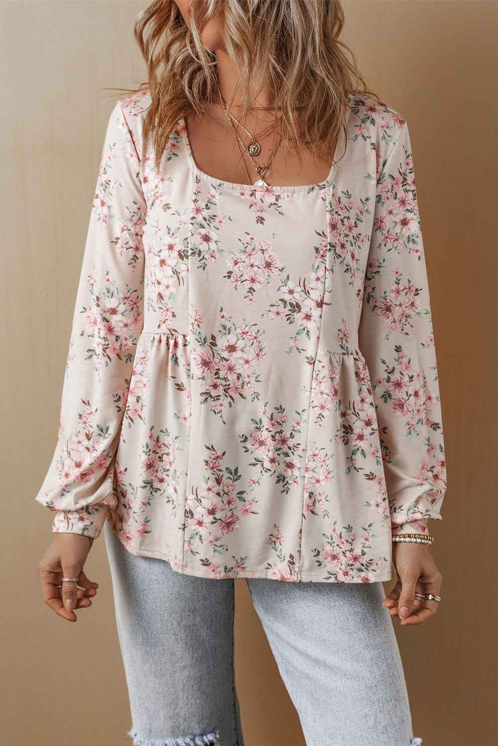 Pink Floral Print Pleated U Neck Loose Fit Blouse by Wild and Free Boutique
