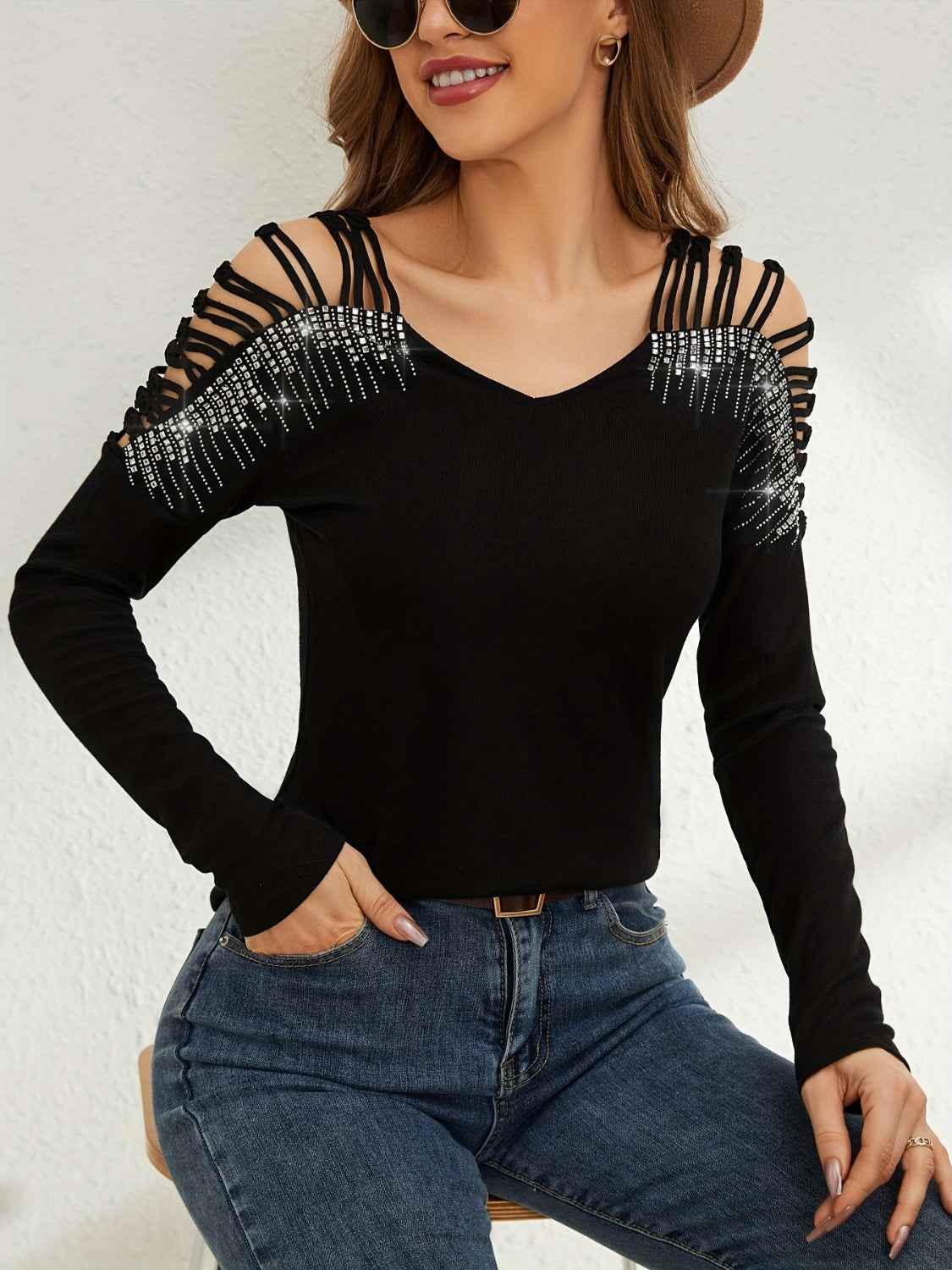 Rhinestone Cutout Long Sleeve T-Shirt by Wild and Free Boutique