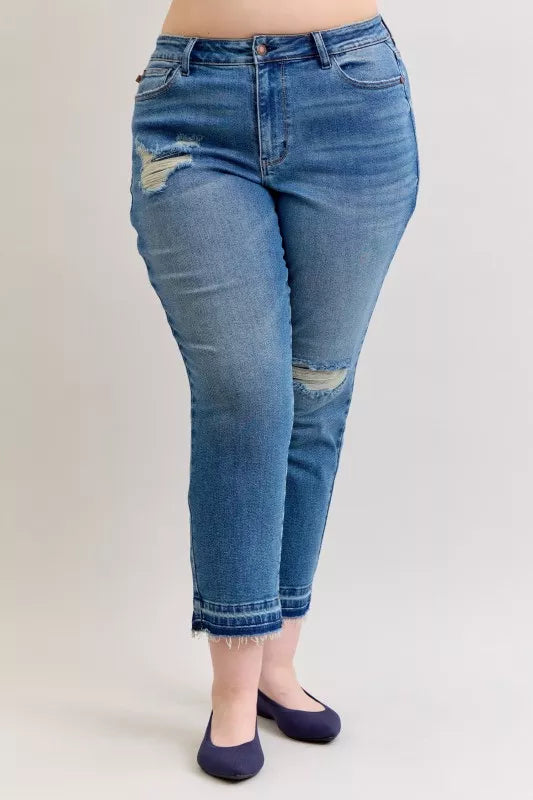 Judy Blue Full Size Mid Rise Bf Patch & Repair Destroy Release Hem Jeans Plus Size by Wild and Free Boutique
