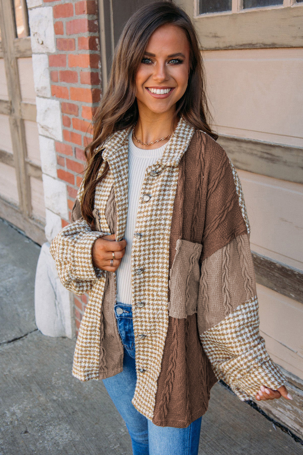 Pink Houndstooth Textured Patchwork Loose Shacket by Wild and Free Boutique