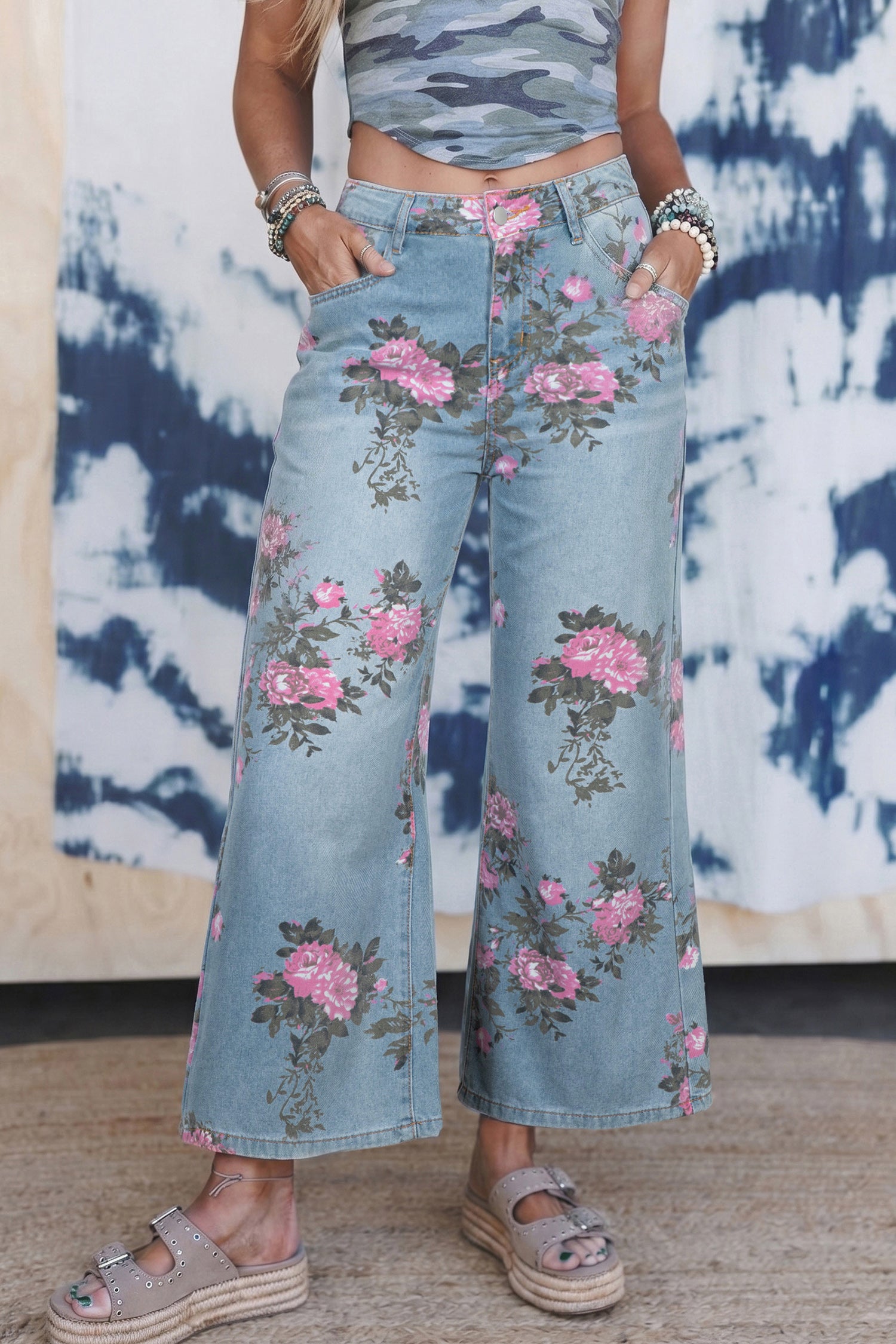 Sky Blue Garden Floral Print Bootcut Jeans by Dear-Lover Dropshipping