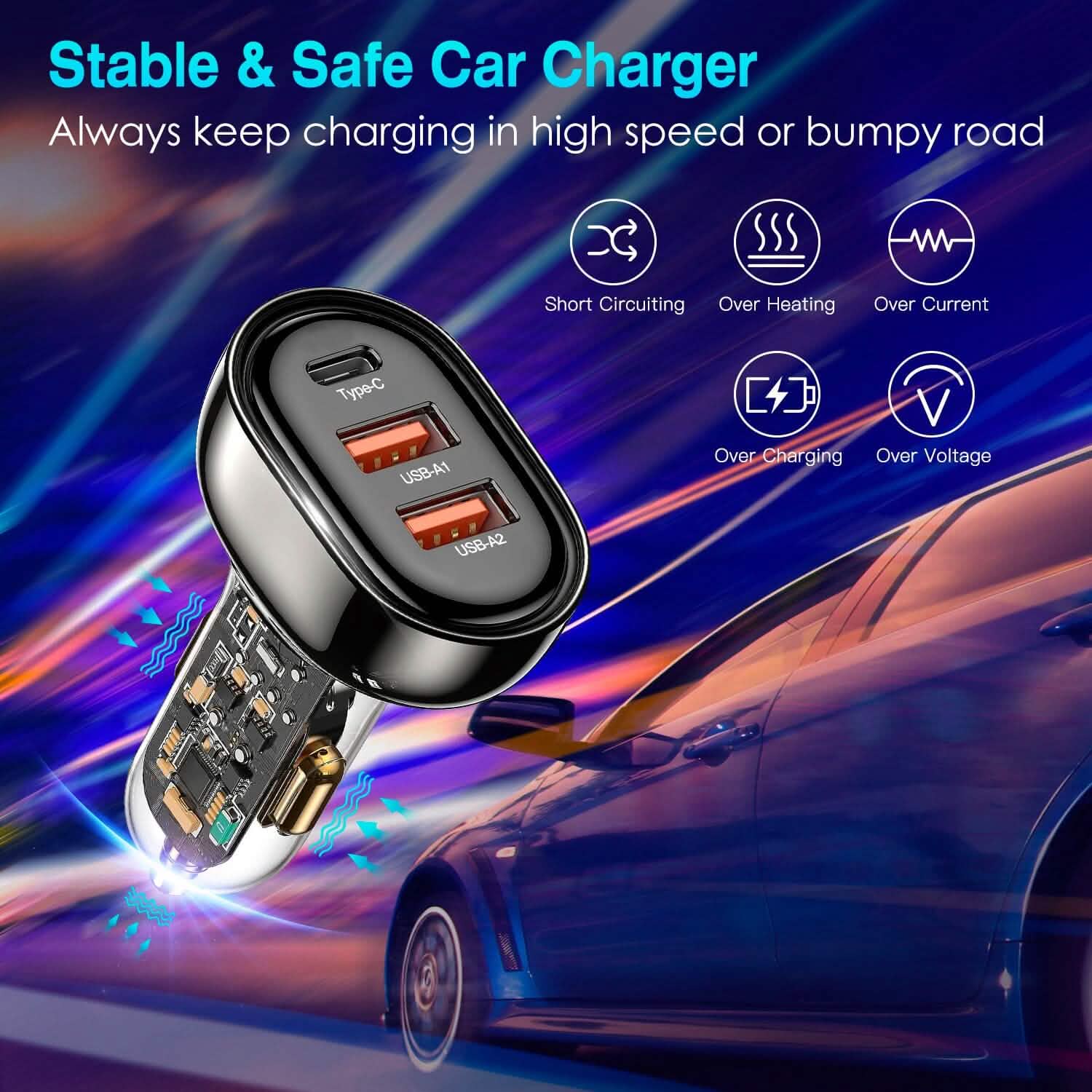90W 3 Ports Fast Car Charger USB and Type C by DailySale
