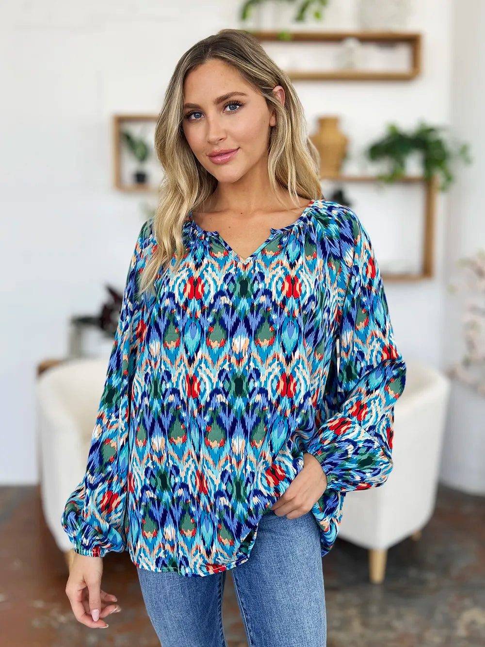 Double Take Full Size Printed Balloon Sleeve Blouse by Wild and Free Boutique