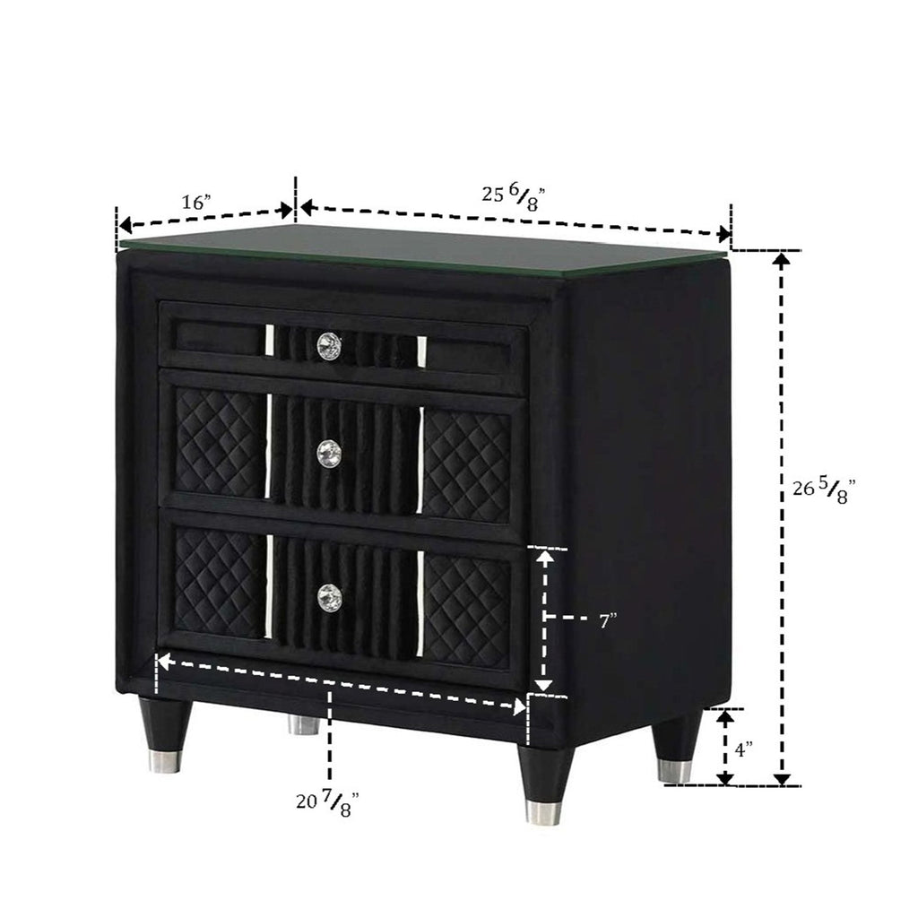 1 Piece Nightstand Upholstery Textured Look Luxurious Feel Drawer Fronts Crystal Style Knobs - Black by Unique Piece Furniture