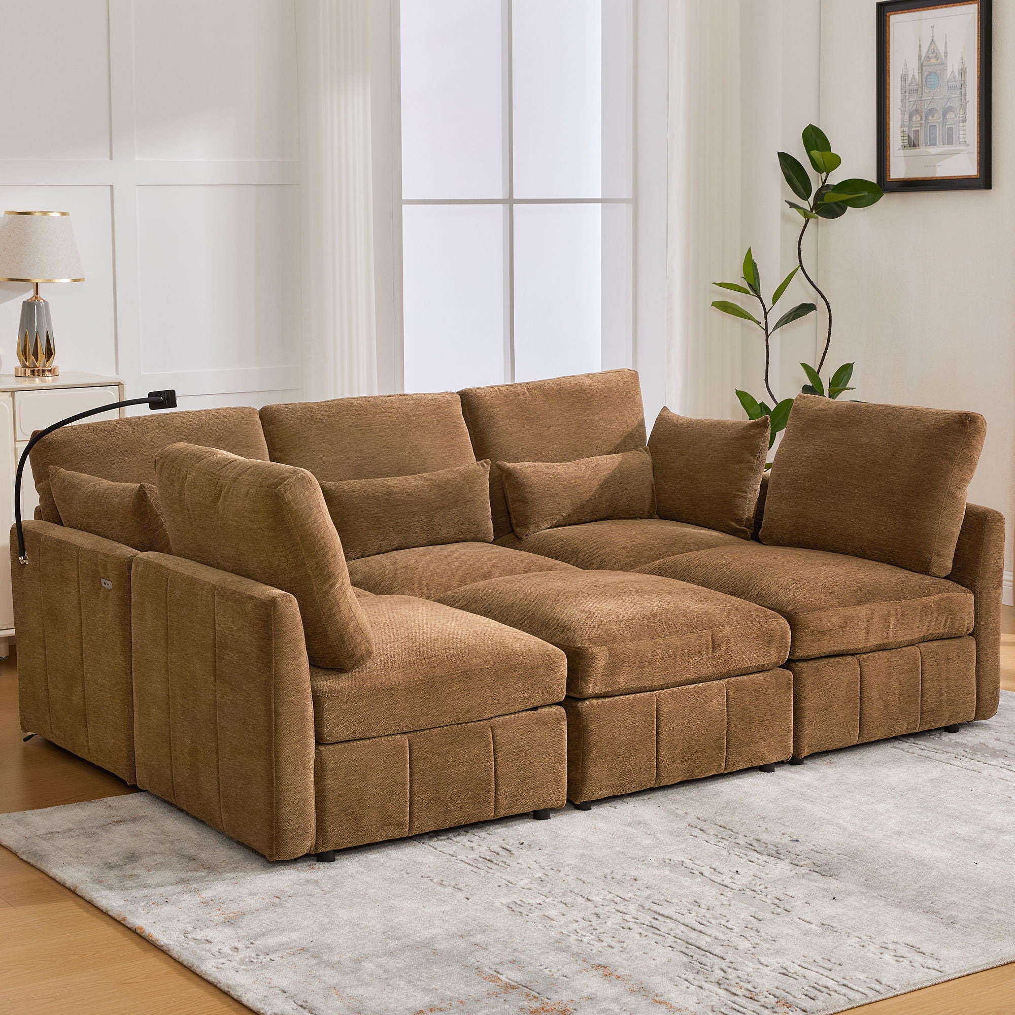 Modern Modular U-Shaped Sofa Bed With Movable Ottoman, USB Ports, Phone Holder by Unique Piece Furniture