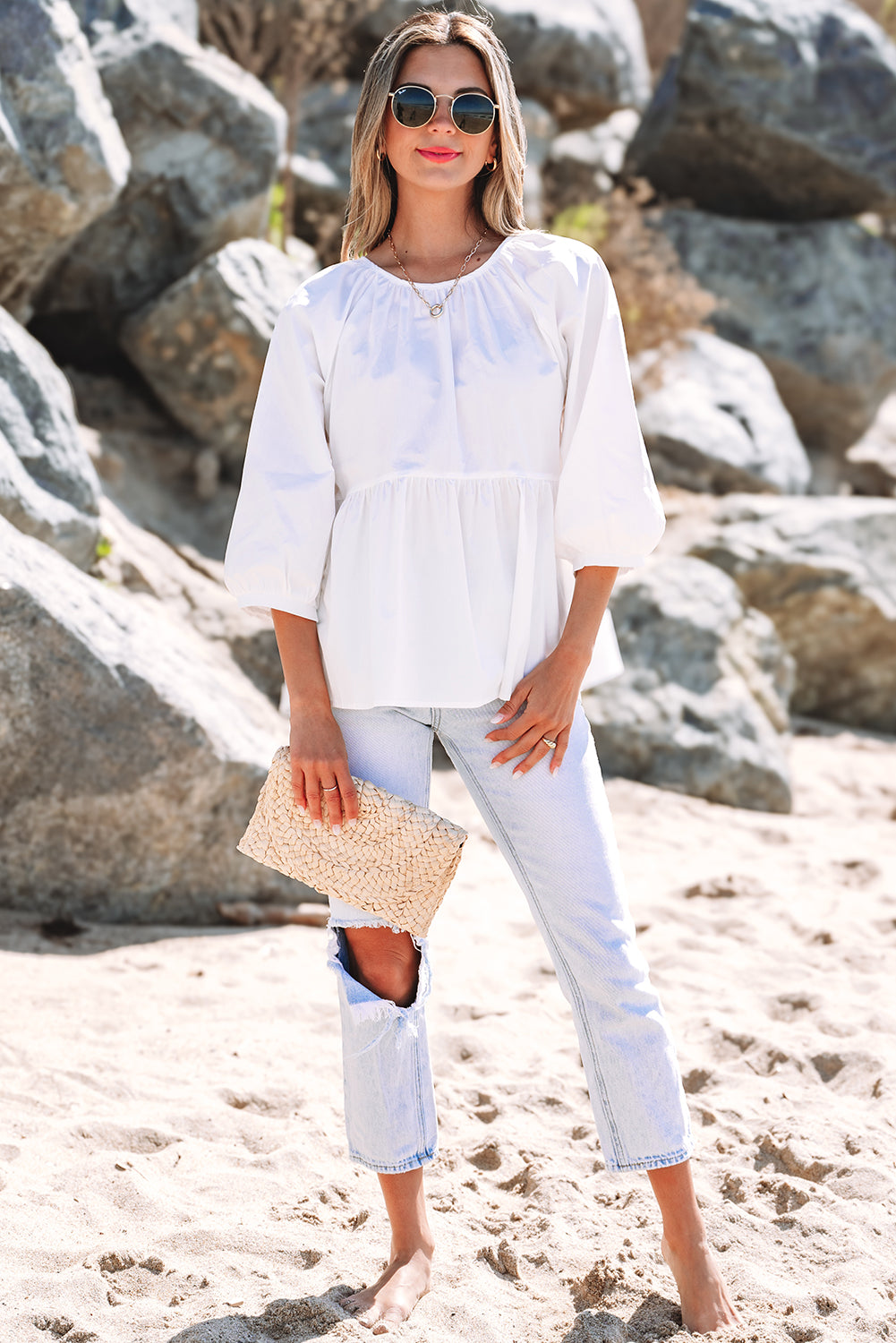 White Bow Knot Cutout Back Loose Fit 3/4 Sleeve Blouse by Dear-Lover Dropshipping