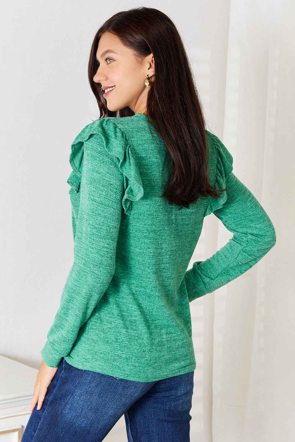 Double Take Ruffle Shoulder Long Sleeve T-Shirt by Wild and Free Boutique