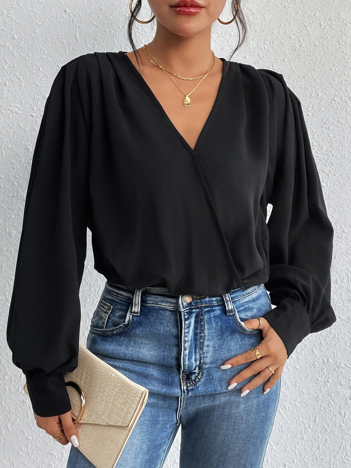 Perfee Surplice Ruched Long Sleeve Bodysuit by Wild and Free Boutique