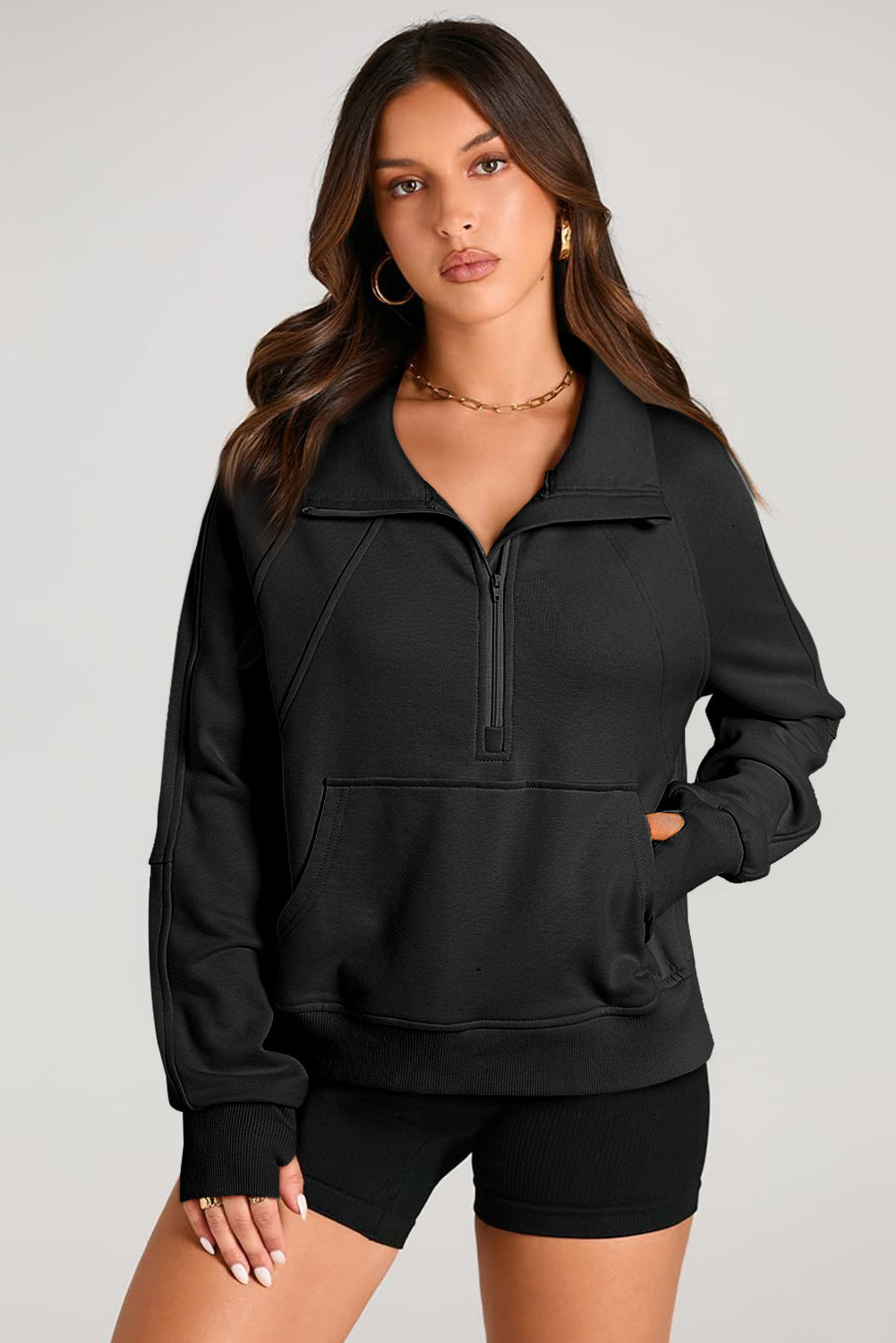 Smoke Green Quarter Zip Stand Neck Kangaroo Pocket Sweatshirt by Wild and Free Boutique