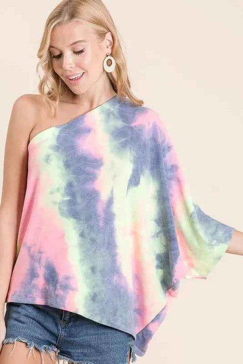BiBi Tie Dye French Terry One Shoulder Top with Dolman by Wild and Free Boutique