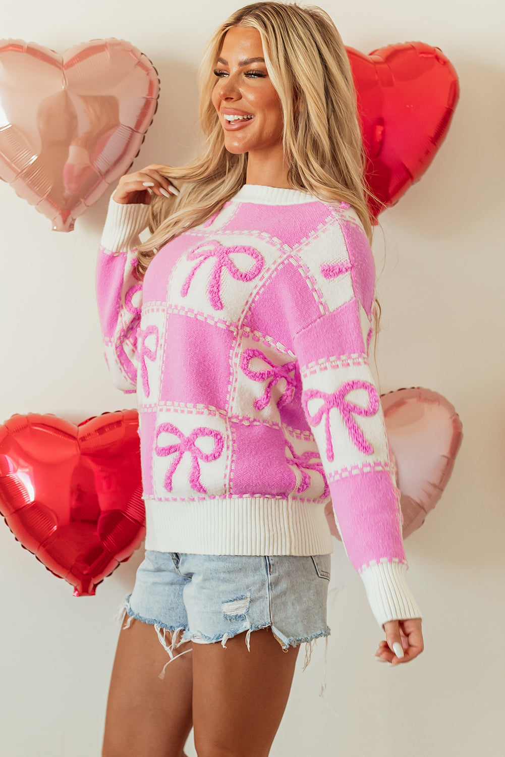 Pink Bow Knot Two Tone Checkered Crew Neck Sweater by Dear-Lover Dropshipping