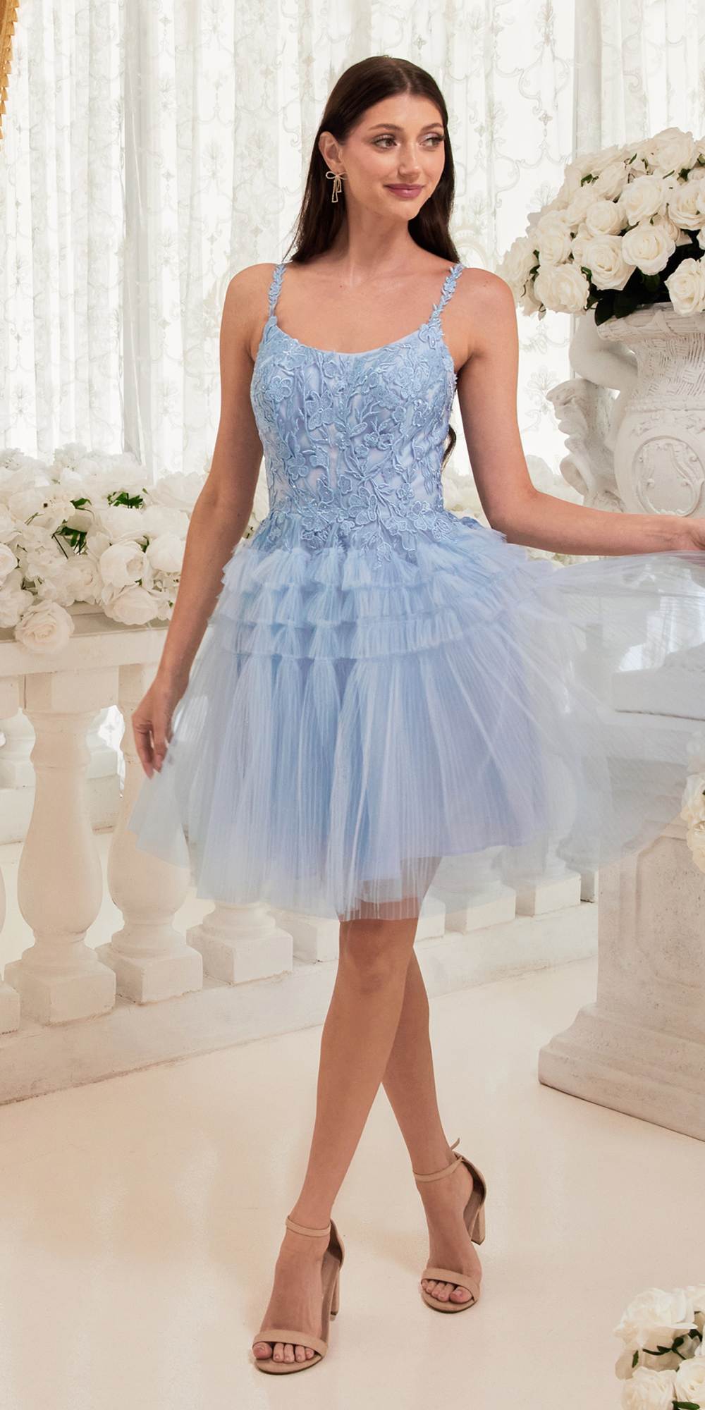 Ladivine 9310 Short A-Line Tiered Tulle Scoop Neckline Cocktail Dress by DiscountDressShop