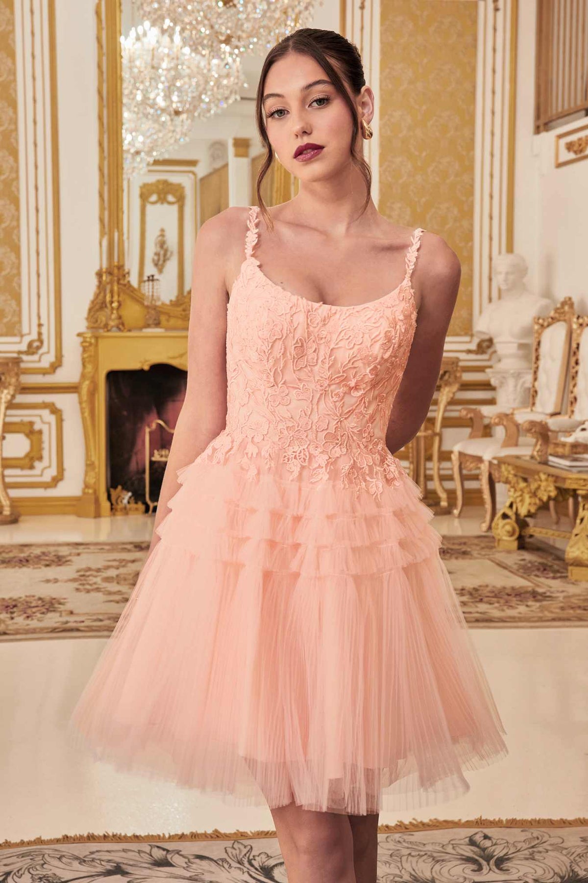 Ladivine 9310 Short A-Line Tiered Tulle Scoop Neckline Cocktail Dress by DiscountDressShop