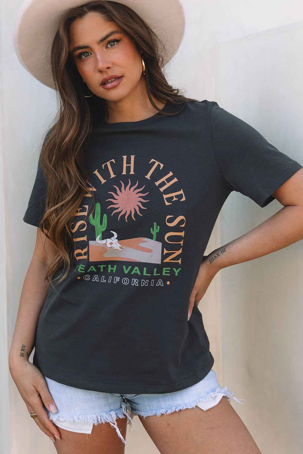 Dark Grey RISE WITH THE SUN Western Fashion Graphic Tee by Dear-Lover Dropshipping
