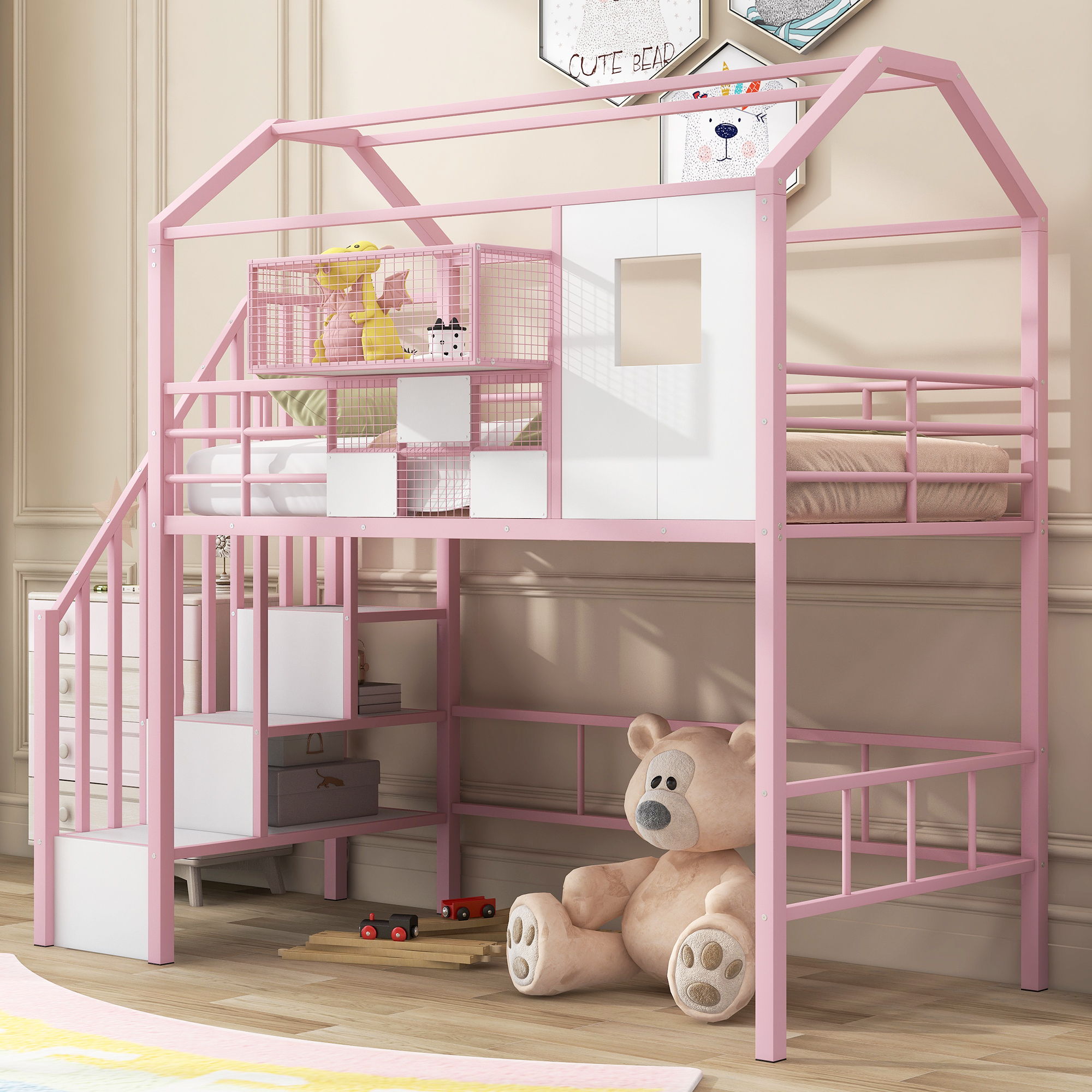 Metal Loft Bed With Roof Design And Storage Box With Guardrails And Integrated Ladder by Unique Piece Furniture