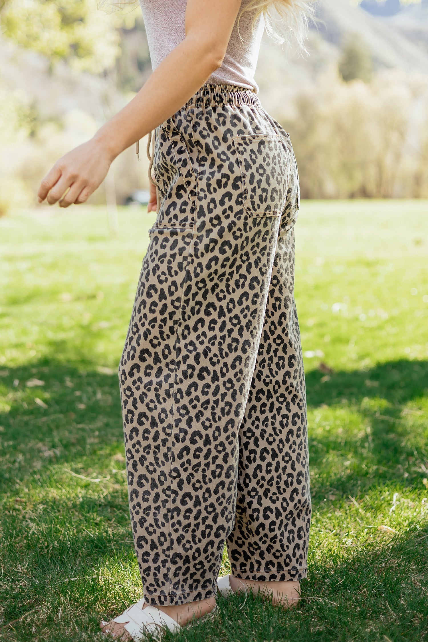 Khaki Leopard Print Drawstring Elastic Waist Loose Denim Pants with Pockets by Wild and Free Boutique
