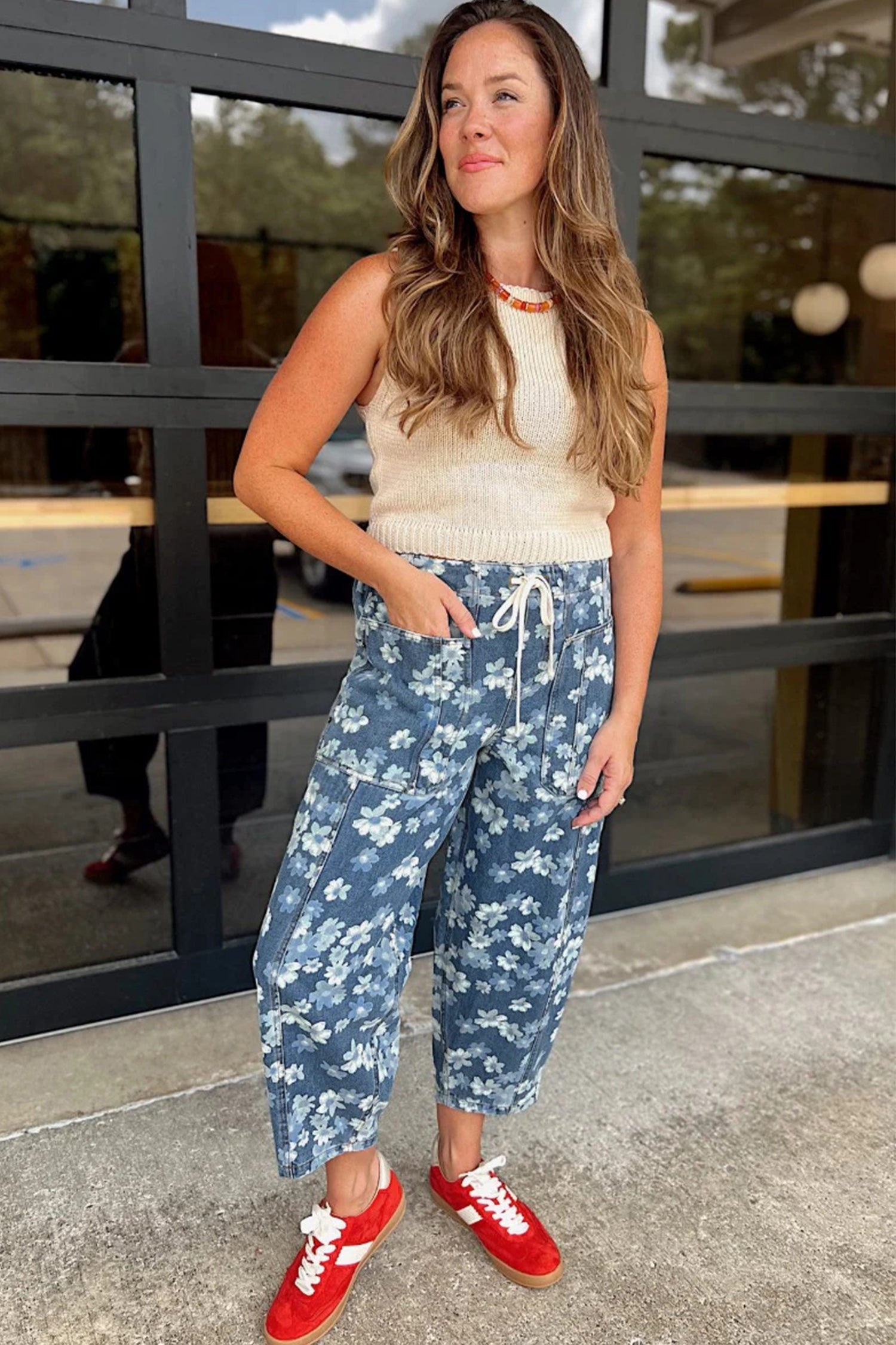 Sky Blue Dainty Floral Printed Drawstring Barrel Jeans by Wild and Free Boutique