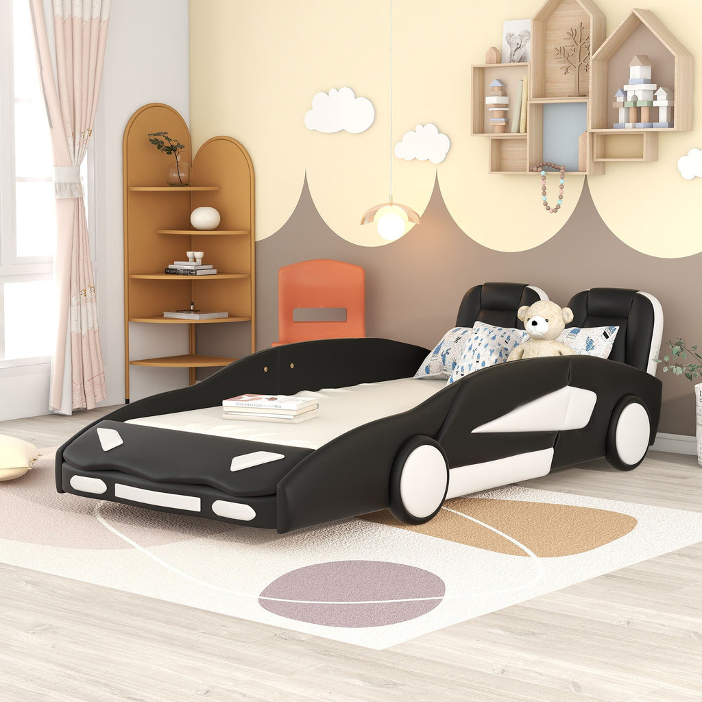 Race Car Shaped Twin Platform Bed With Wheels, Pine Wood Construction by Unique Piece Furniture