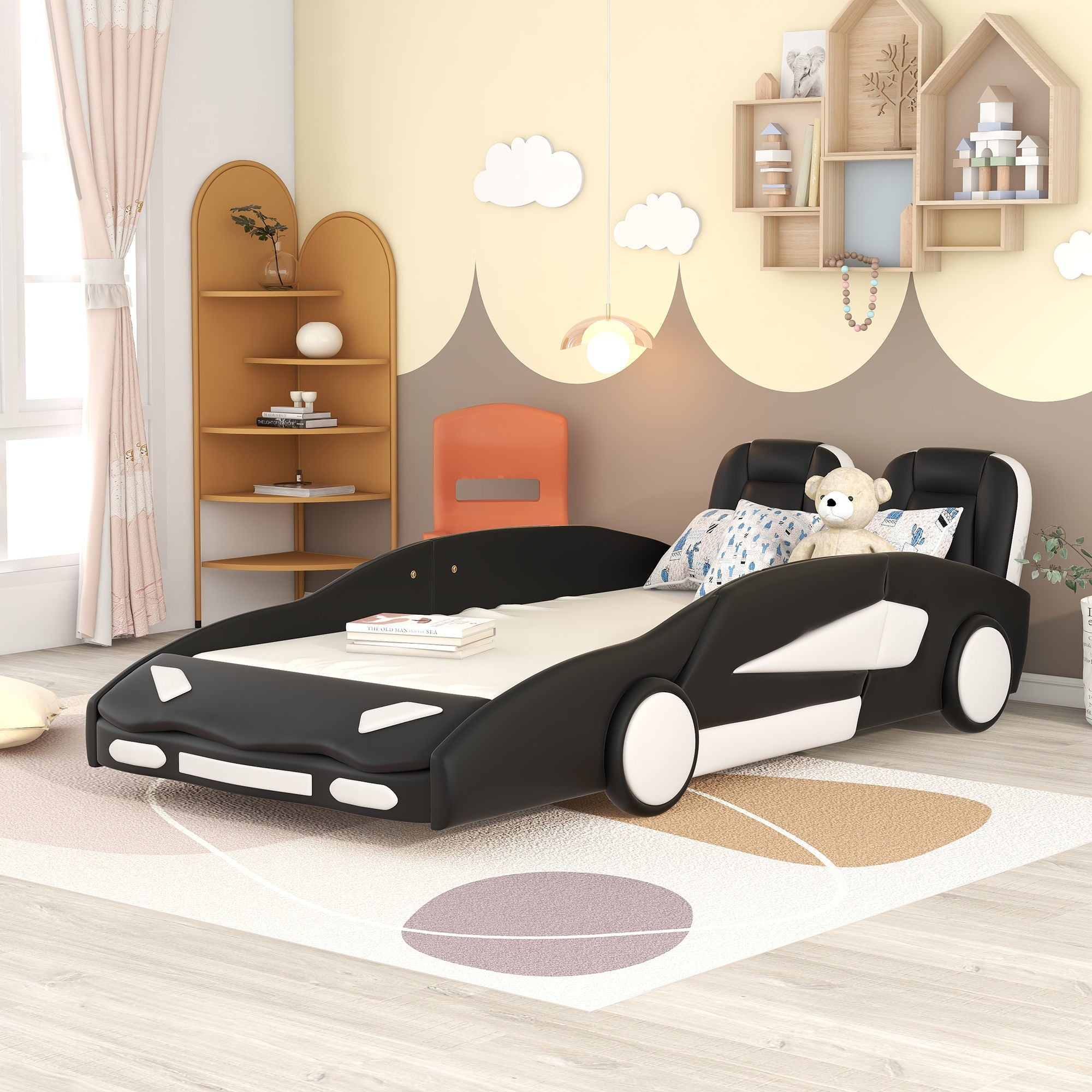 Race Car Shaped Twin Platform Bed With Wheels, Pine Wood Construction by Unique Piece Furniture