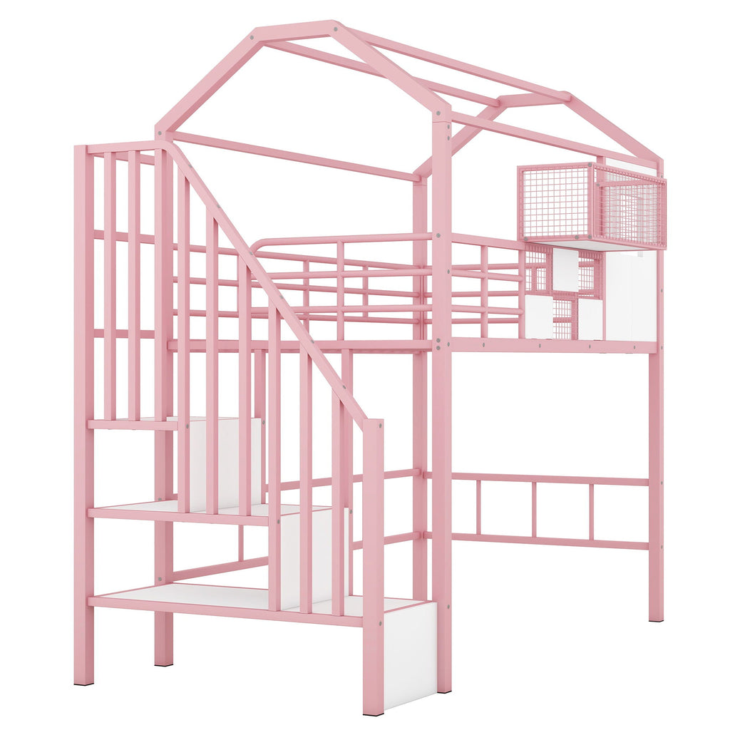 Metal Loft Bed With Roof Design And Storage Box With Guardrails And Integrated Ladder by Unique Piece Furniture