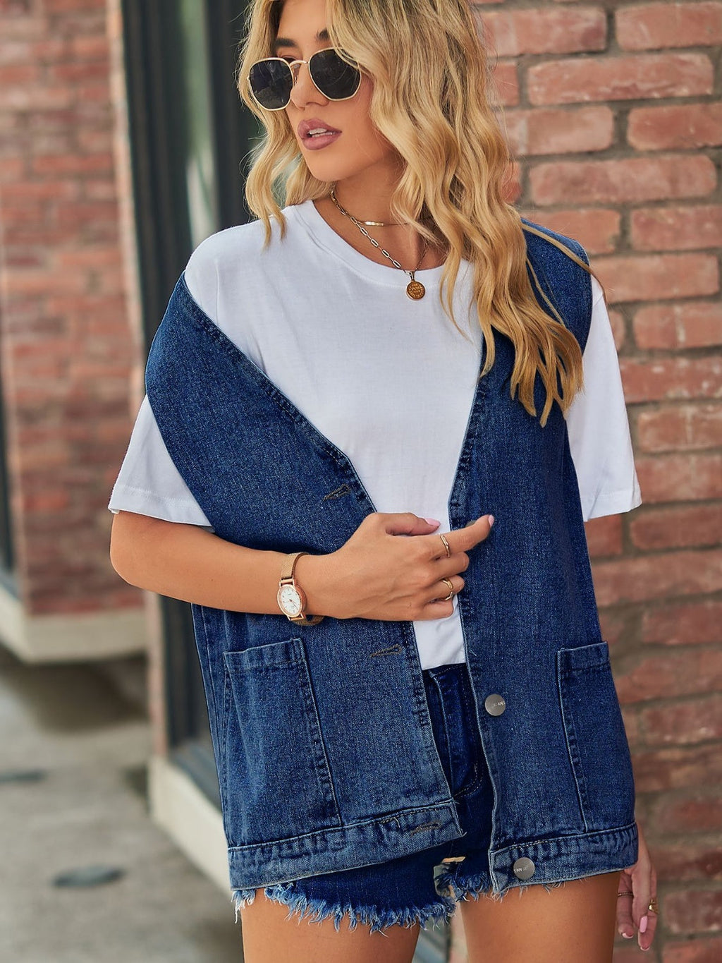 Full Size V-Neck Button Up Denim Vest by Wild and Free Boutique