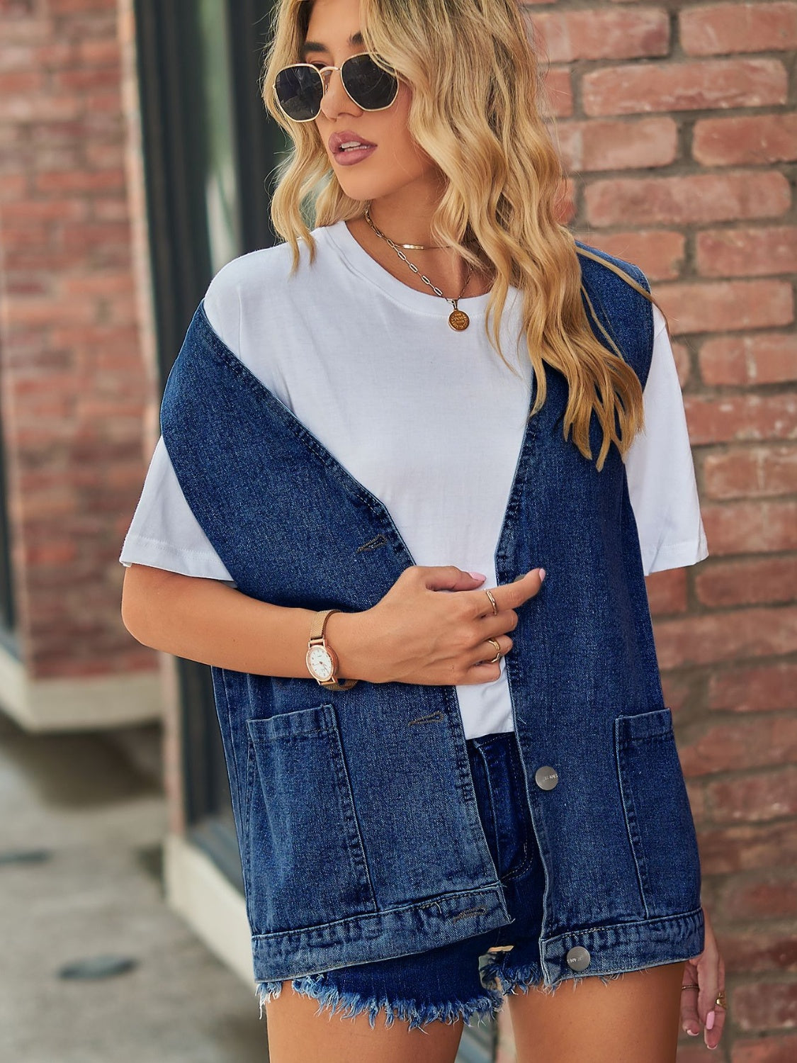 Full Size V-Neck Button Up Denim Vest by Wild and Free Boutique