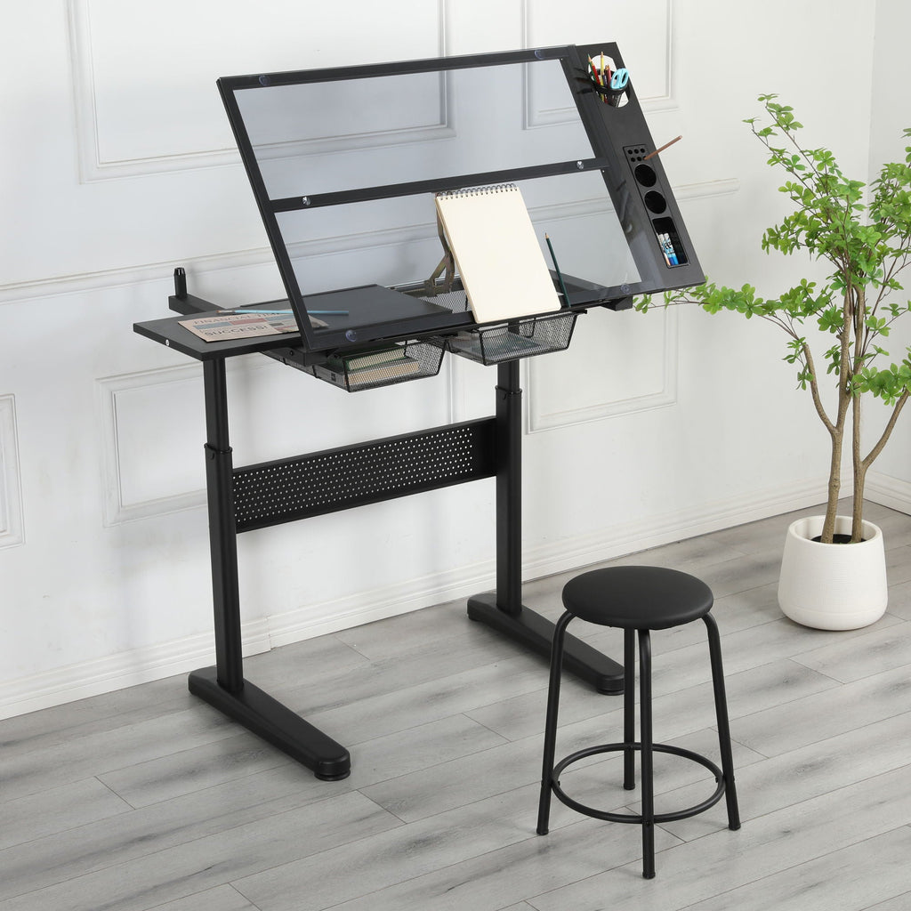 Hand Crank Adjustable Drafting Table Drawing Desk With 2 Metal Drawers With Stool by Unique Piece Furniture