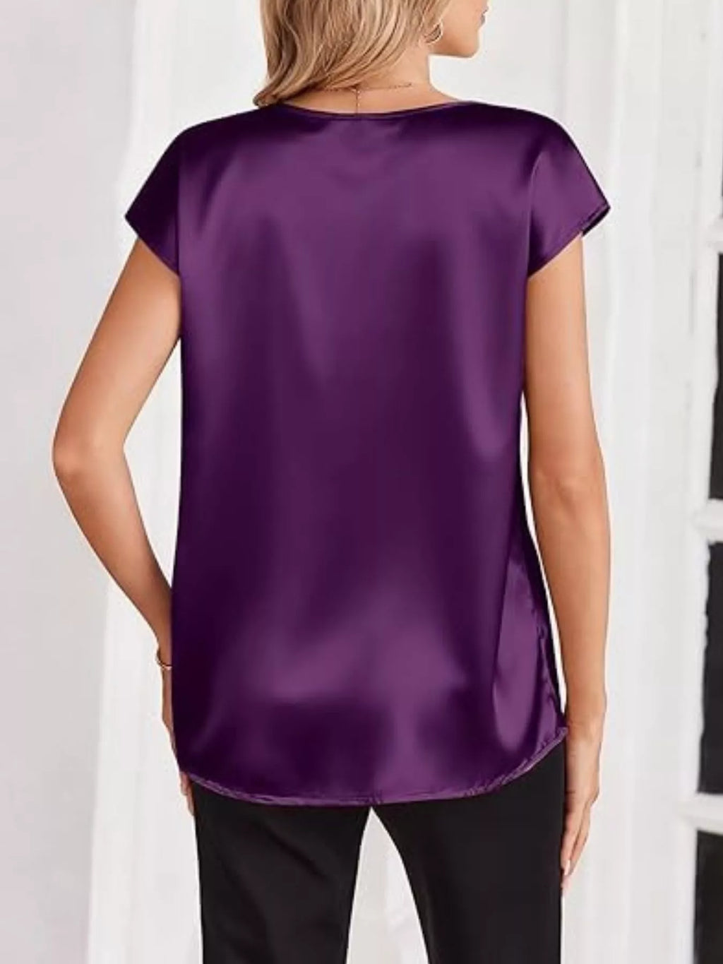 Satin V-Neck Short Sleeve Blouse by Wild and Free Boutique