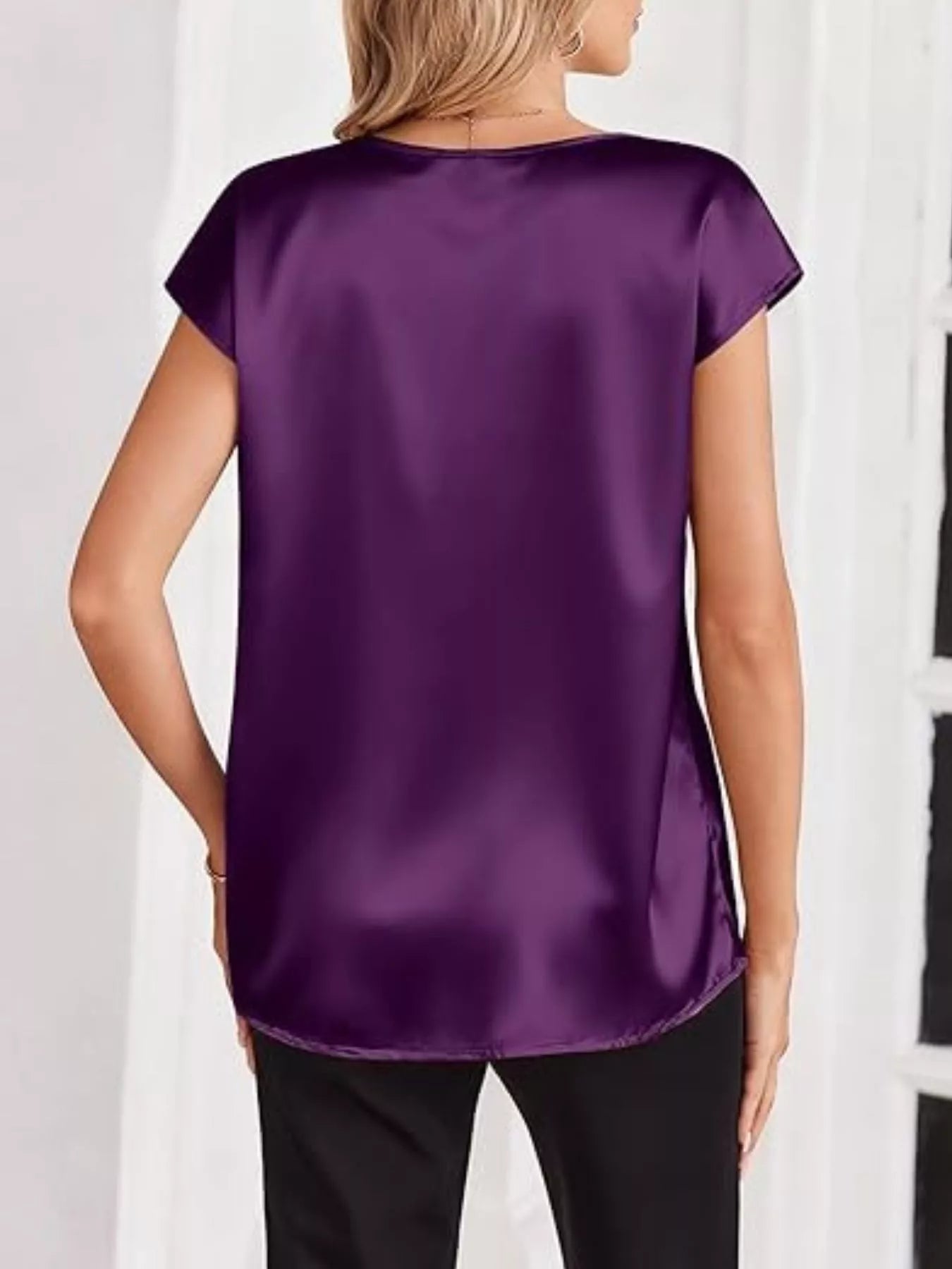 Satin V-Neck Short Sleeve Blouse by Wild and Free Boutique