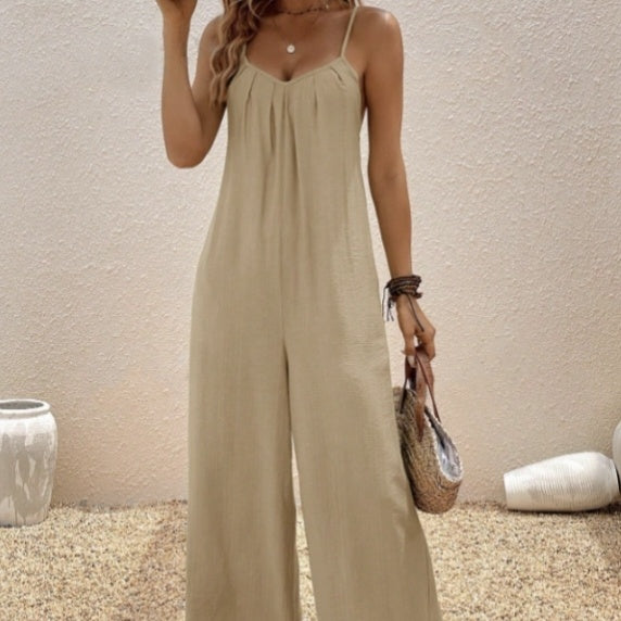 Women’s Casual Suspender Jumpsuit – V-Neck Solid Color Sleeveless One-Piece by FitiqueFit