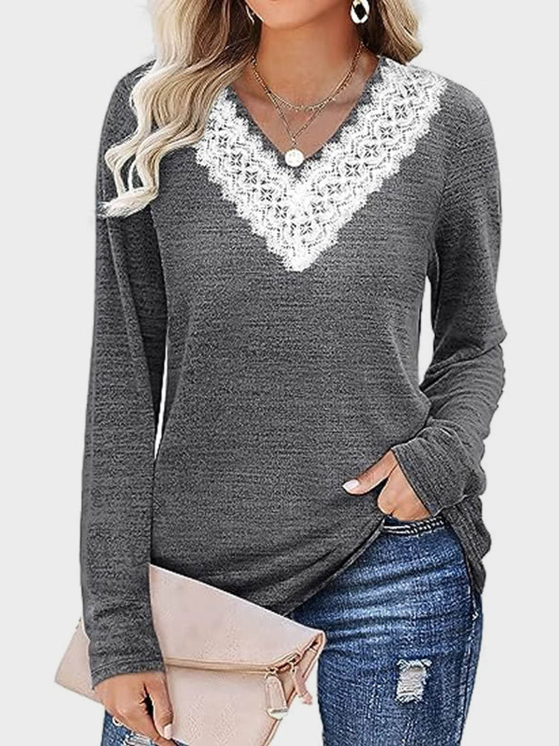 Lace Detail V-Neck Long Sleeve T-Shirt by Wild and Free Boutique