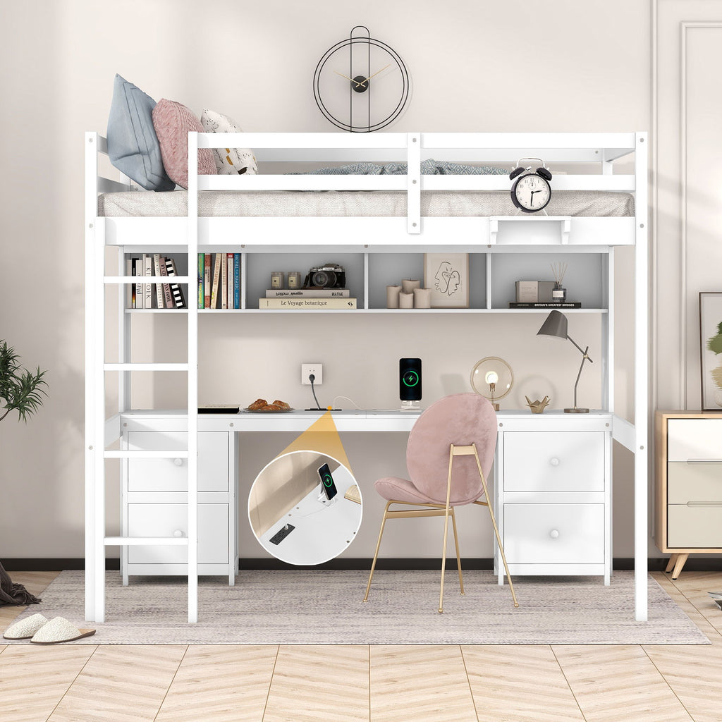 Loft Bed With Desk, Cabinets, Drawers, Charging Station And Bedside Tray by Unique Piece Furniture