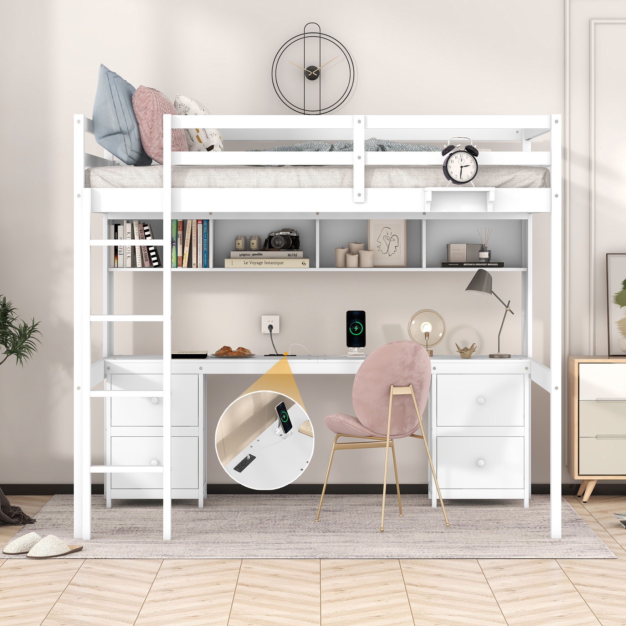 Loft Bed With Desk, Cabinets, Drawers, Charging Station And Bedside Tray by Unique Piece Furniture