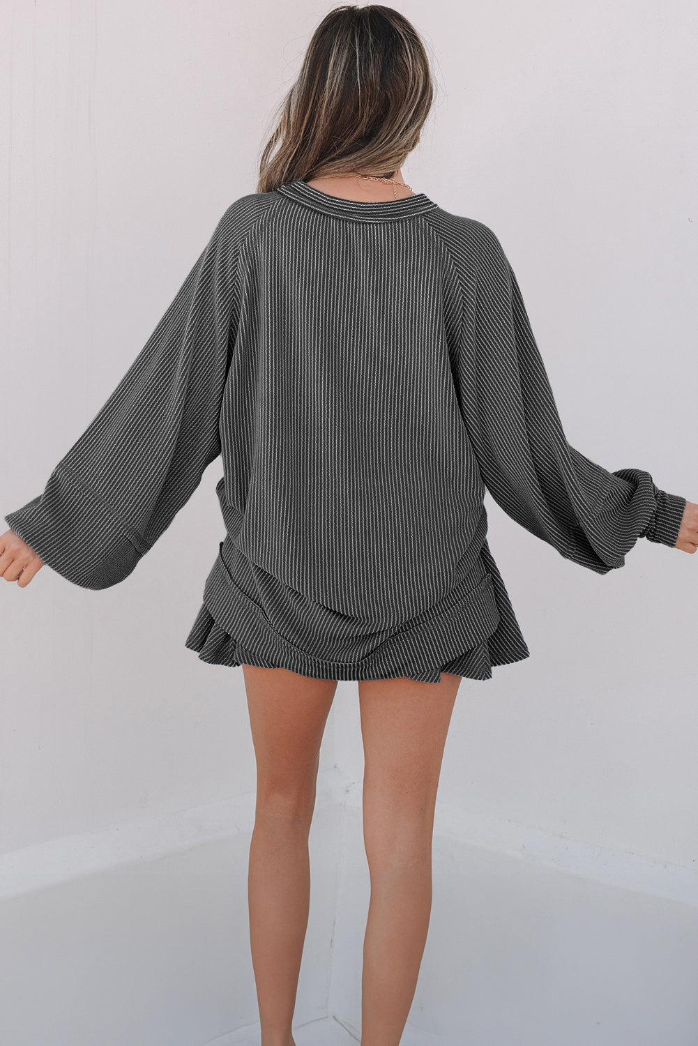 Jet Stream Corded Lantern Sleeve Top High Waist Ruffled Mini Skirt Set by Wild and Free Boutique