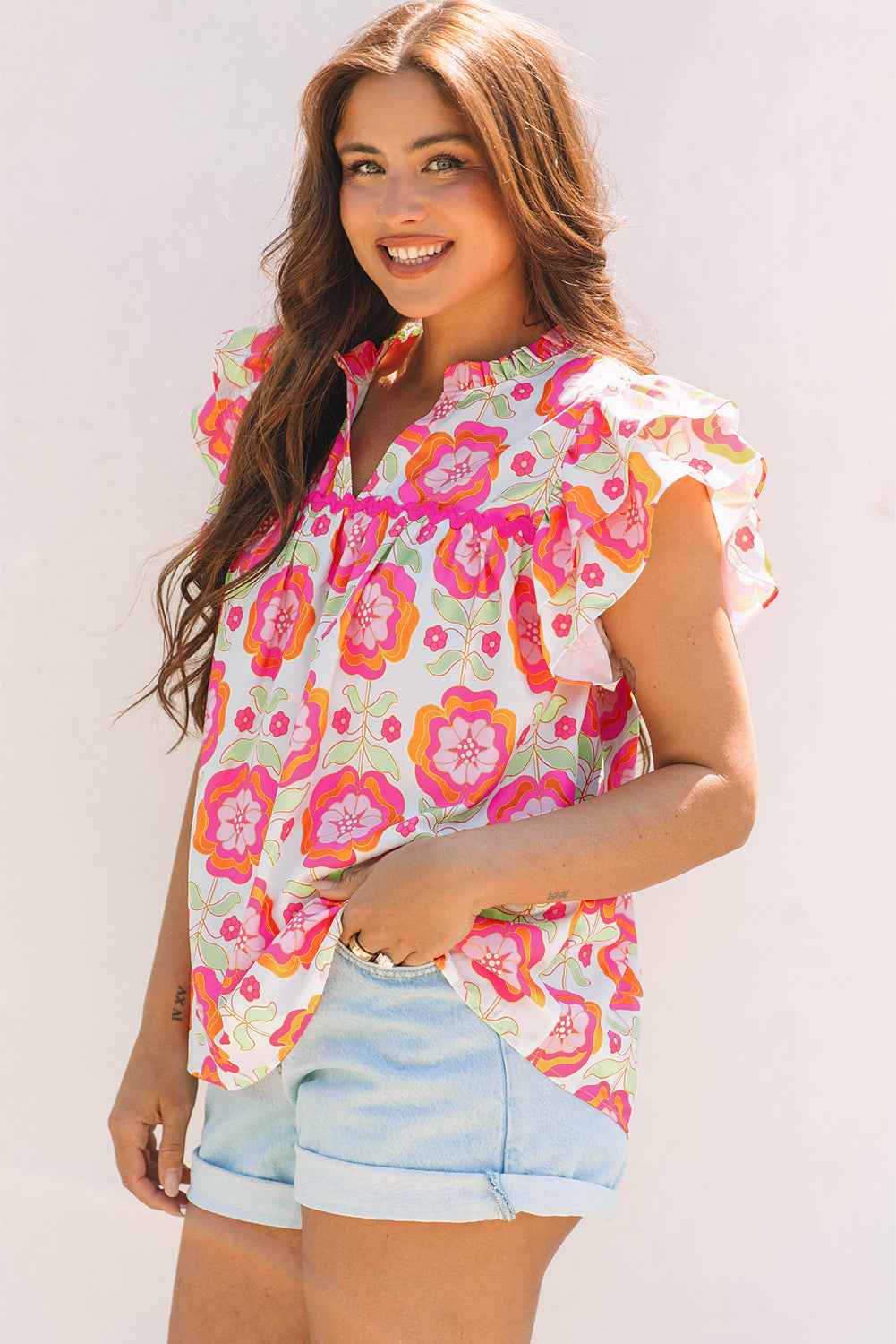 Rose Floral Ruffled Sleeve Ric-rac Trim Split Neck Loose Blouse by Dear-Lover Dropshipping