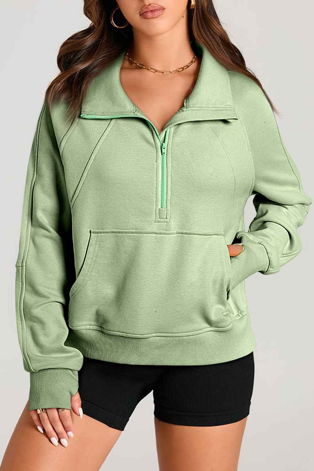 Smoke Green Quarter Zip Stand Neck Kangaroo Pocket Sweatshirt by Wild and Free Boutique