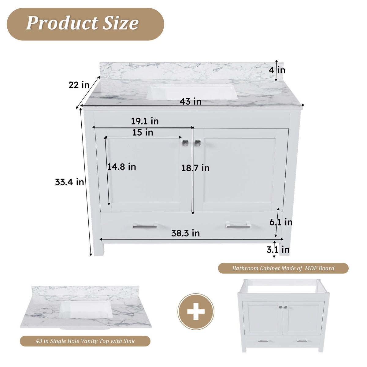 43" Bathroom Vanity, Multi Functional Cabinet - White by Unique Piece Furniture